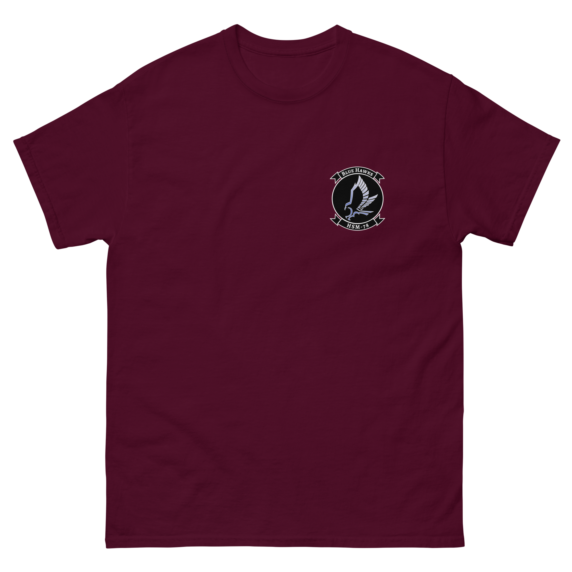 HSM-78 Blue Hawks Squadron Crest T-Shirt – front view, maroon