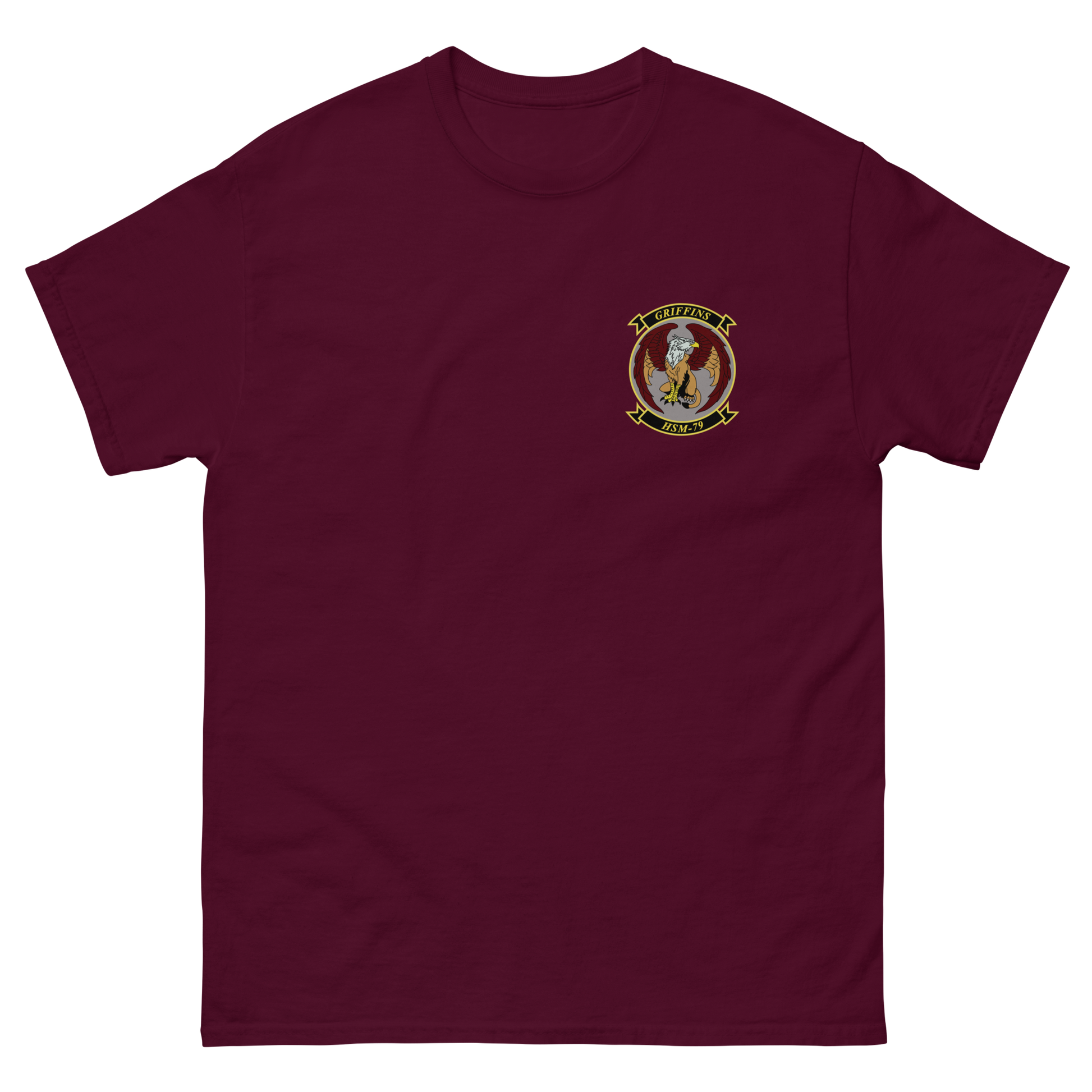 HSM-79 Griffins Squadron Crest T-Shirt – front view, maroon