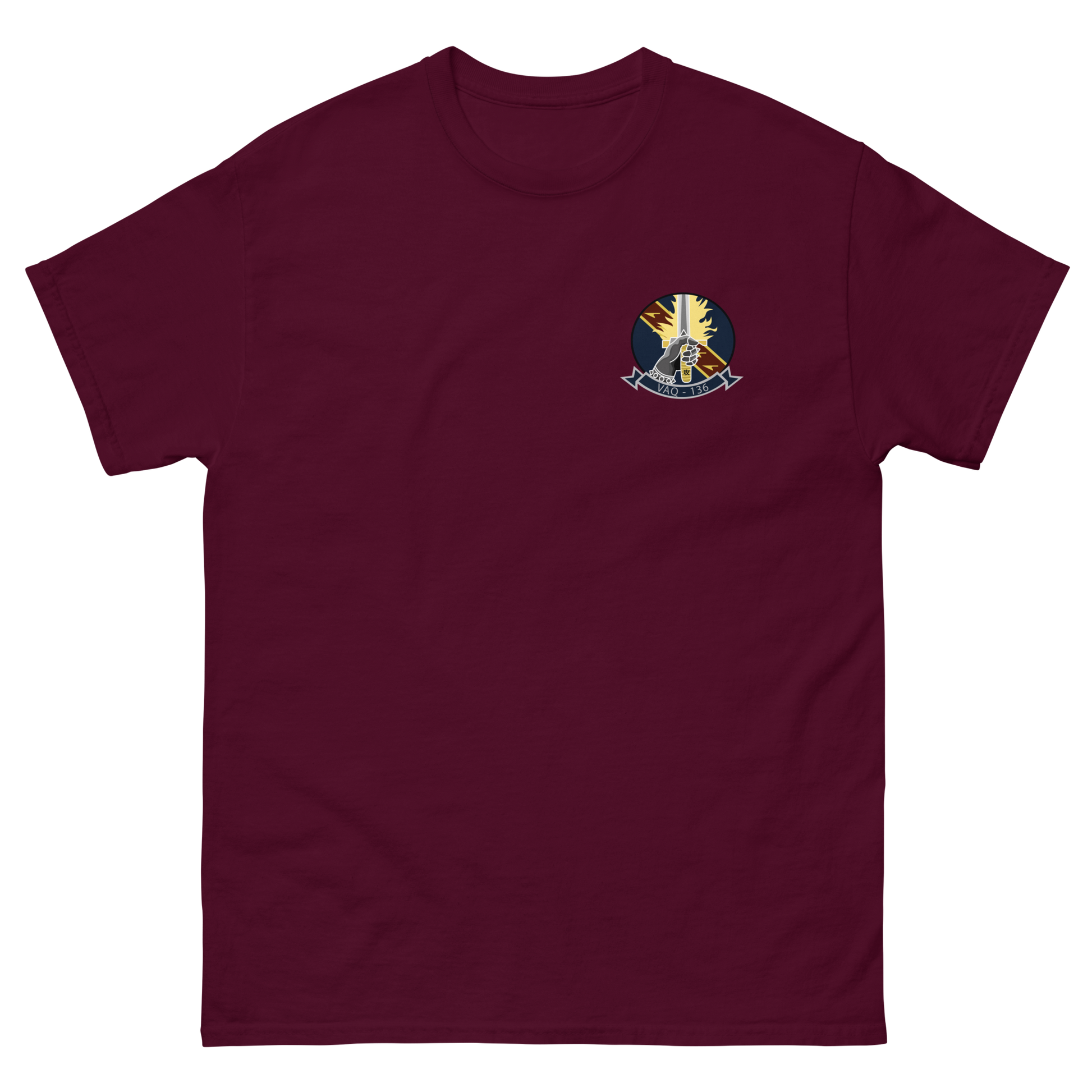 VAQ-136 Gauntlets Squadron Crest T-Shirt – front view, maroon