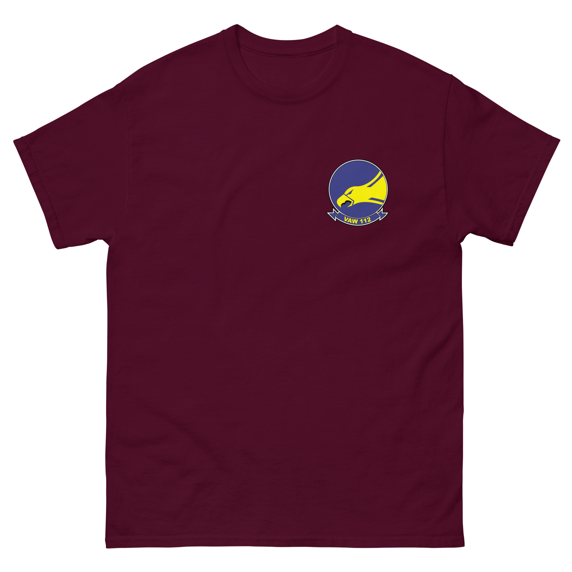 VAW-112 Golden Hawks Squadron Crest T-Shirt – front view, maroon