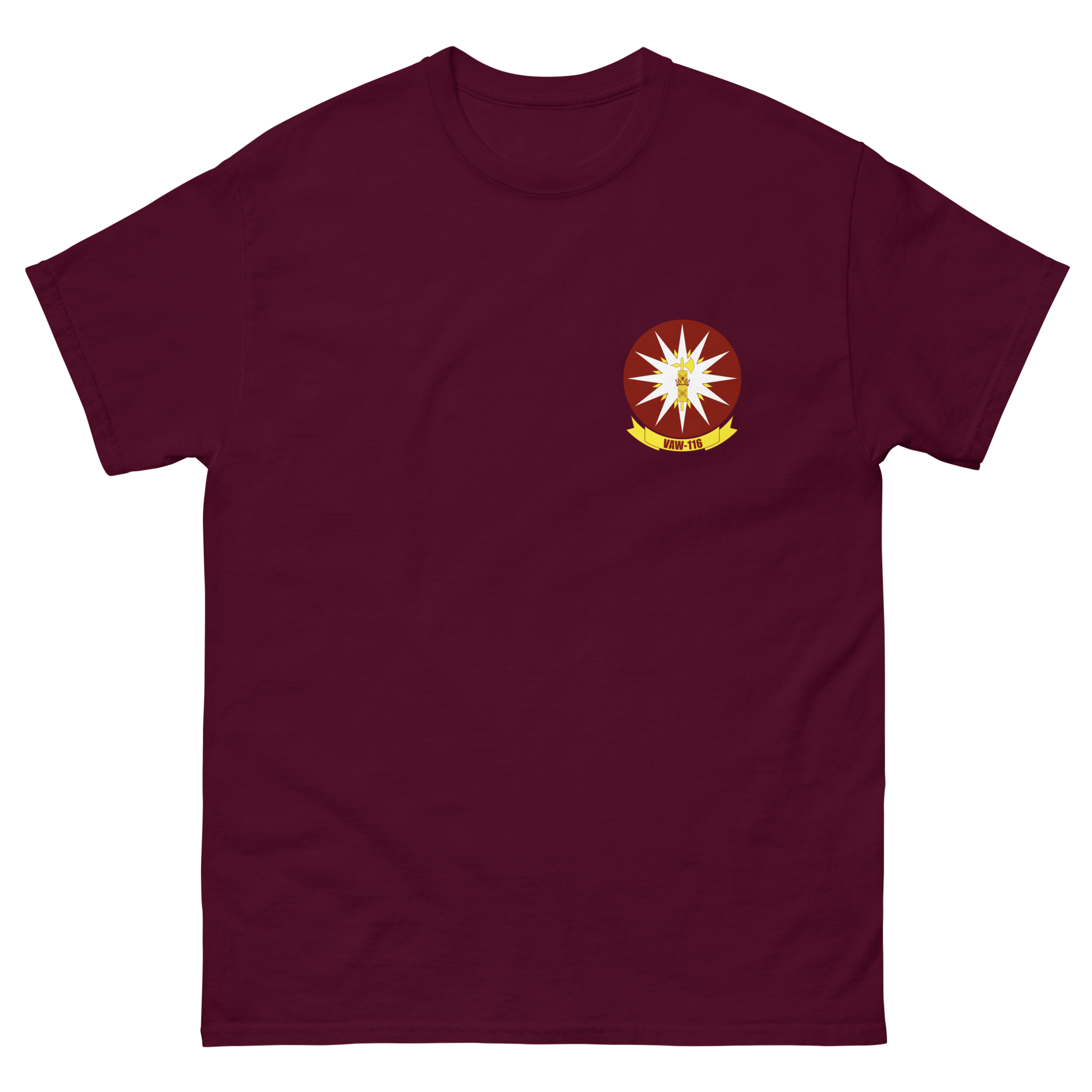 VAW-116 Sun Kings Squadron Crest T-Shirt – front view, maroon