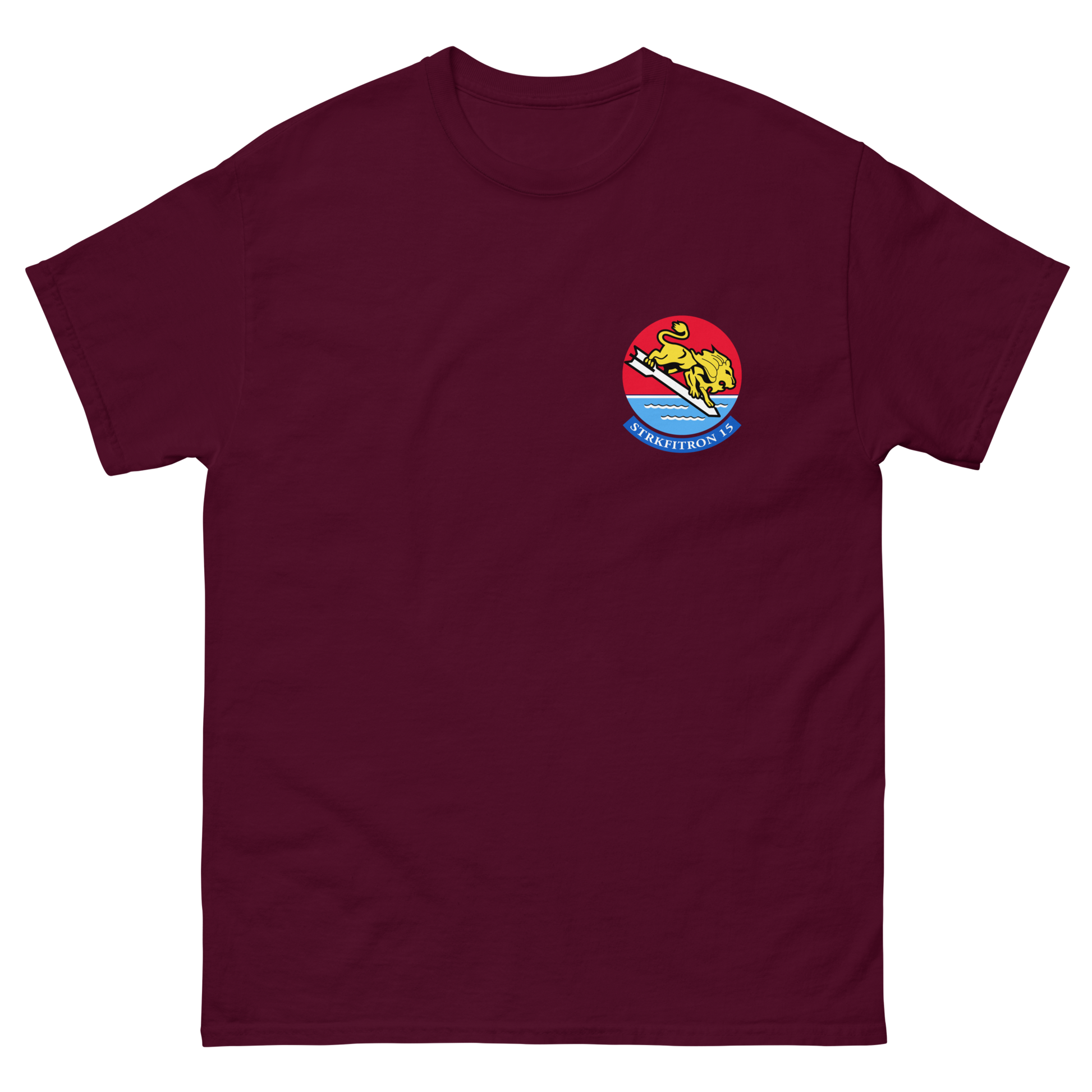 VFA-15 Valions Squadron Crest T-Shirt – front view, maroon