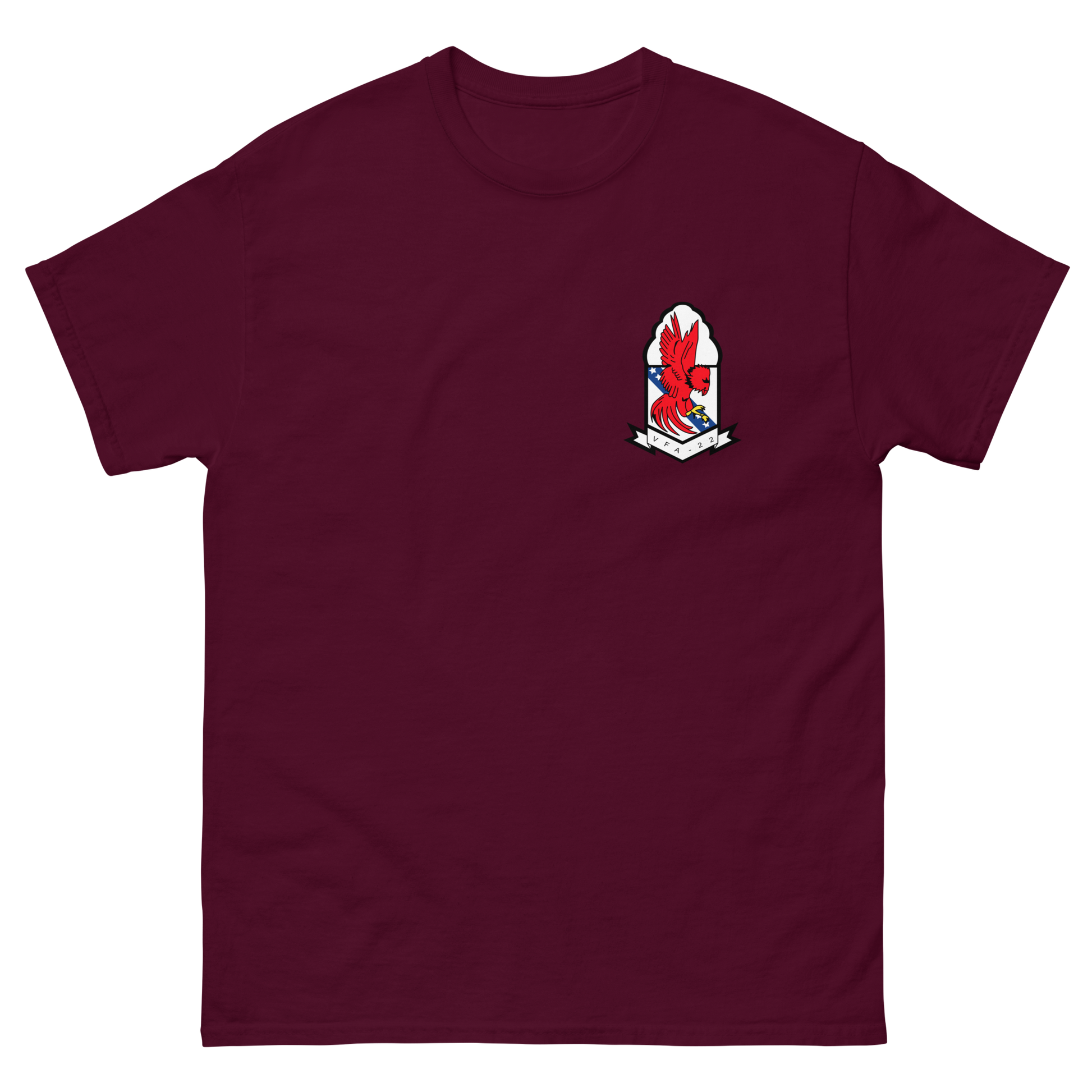 VFA-22 Fighting Redcocks Squadron Crest T-Shirt – front view, maroon