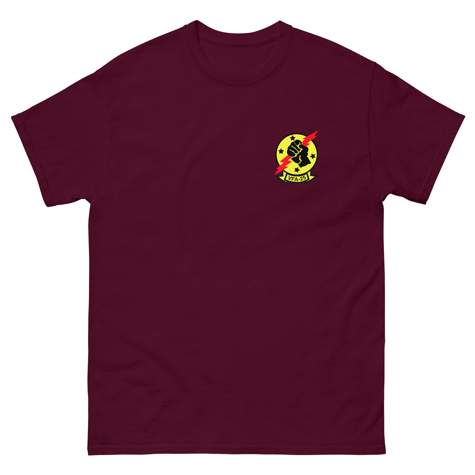 VFA-25 Fist of the Fleet Squadron Crest T-Shirt – front view, maroon