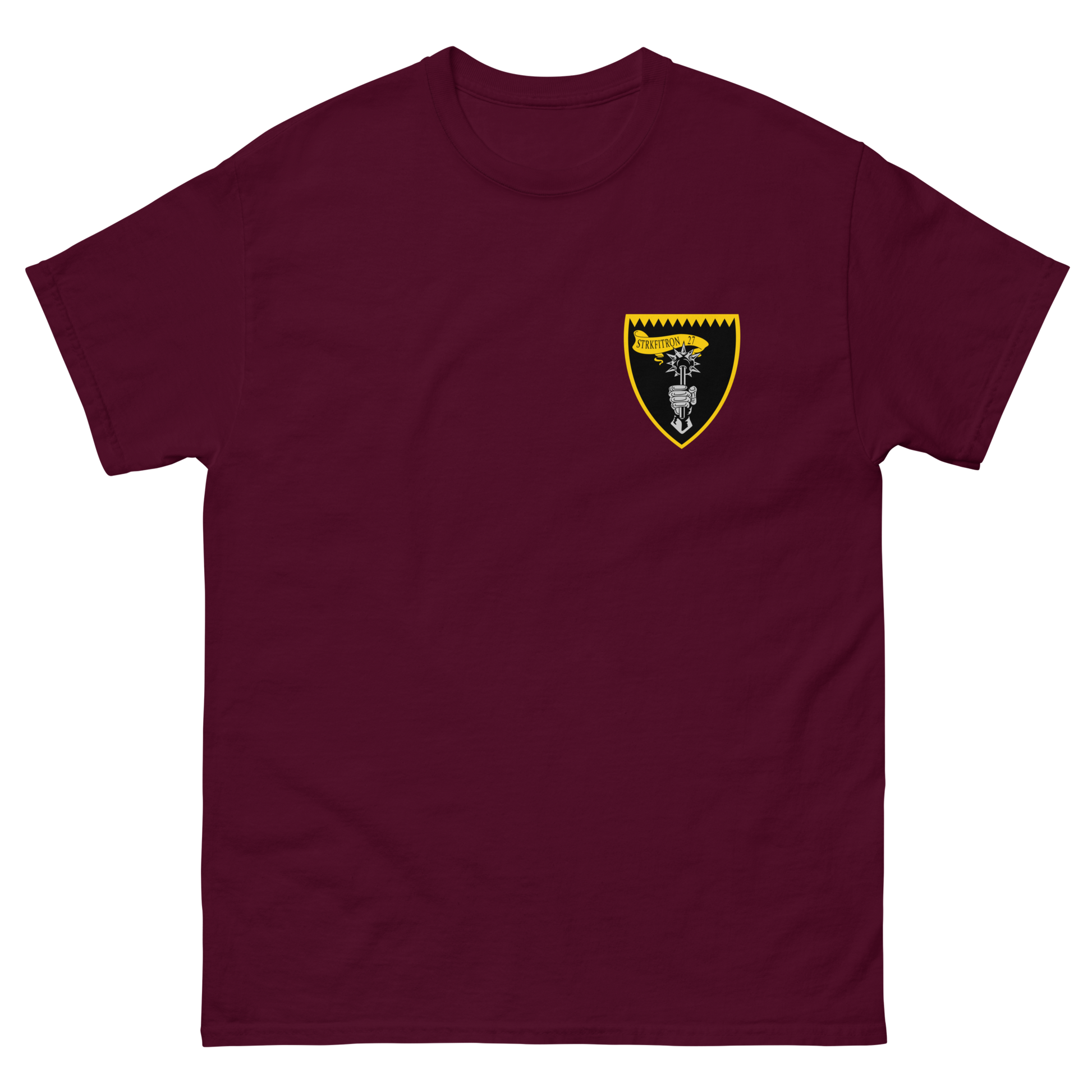 VFA-27 Royal Maces Squadron Crest T-Shirt – front view, maroon