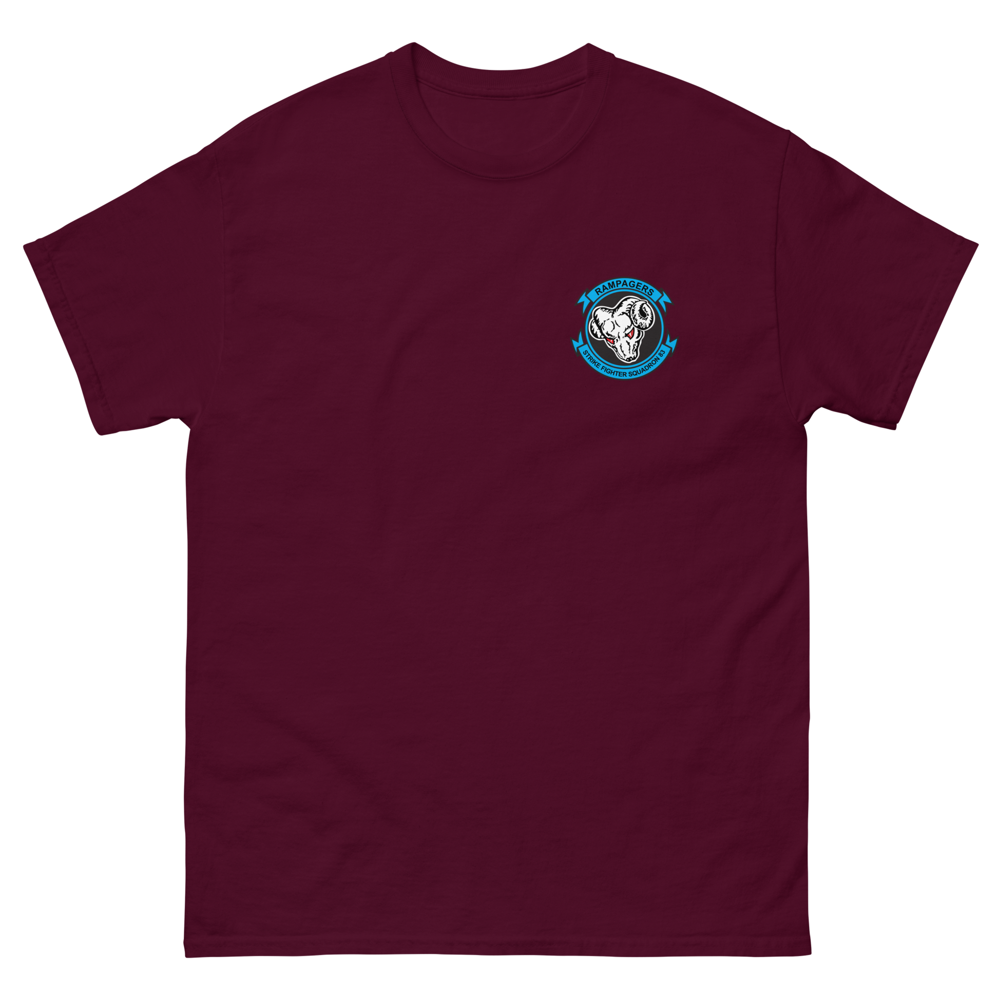 VFA-83 Rampagers Squadron Crest T-Shirt – front view, maroon