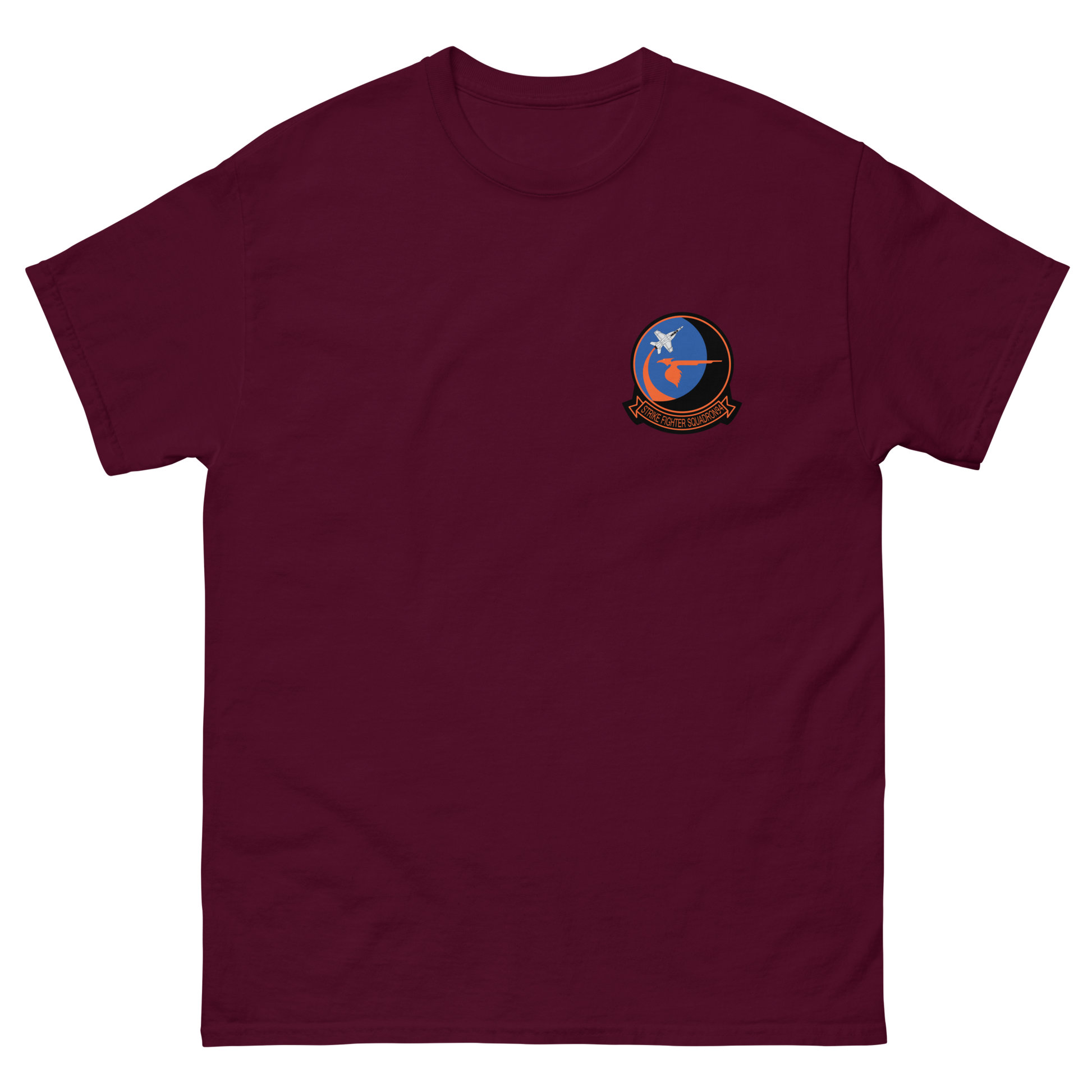 VFA-94 Mighty Shrikes Squadron Crest T-Shirt – front view, maroon