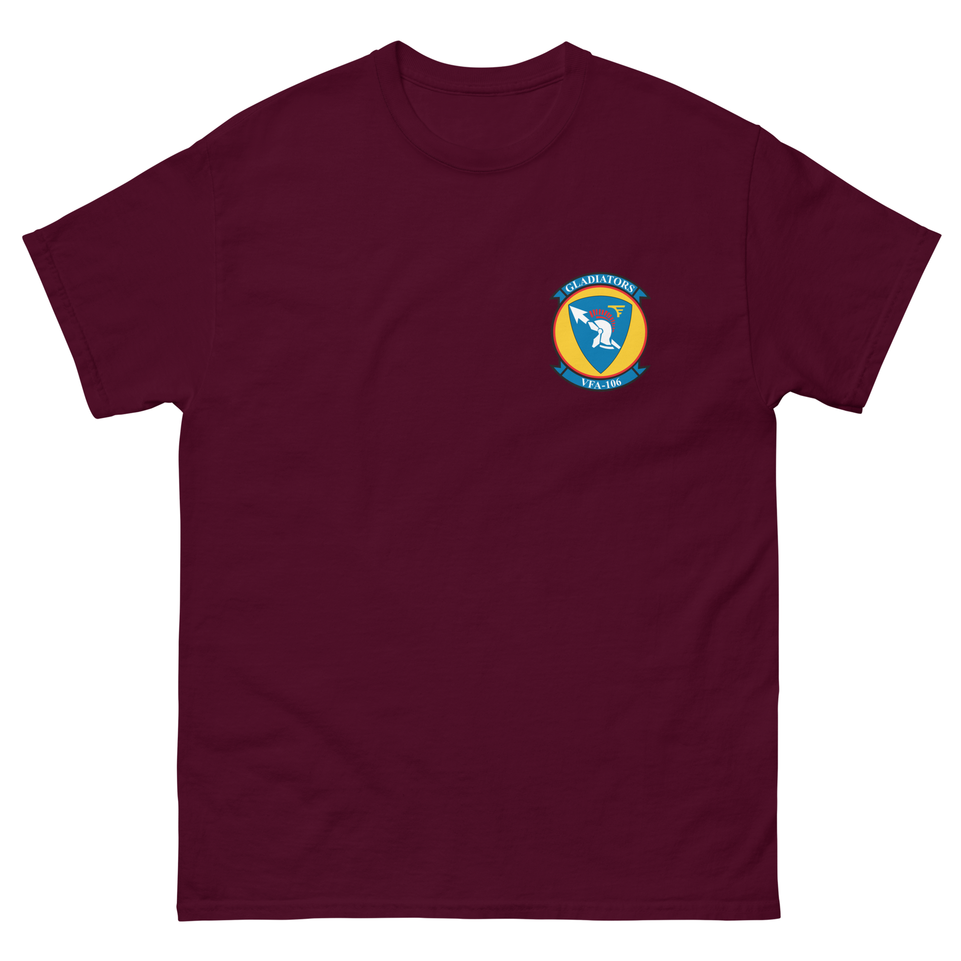 VFA-106 Gladiators Squadron Crest T-Shirt – front view, maroon