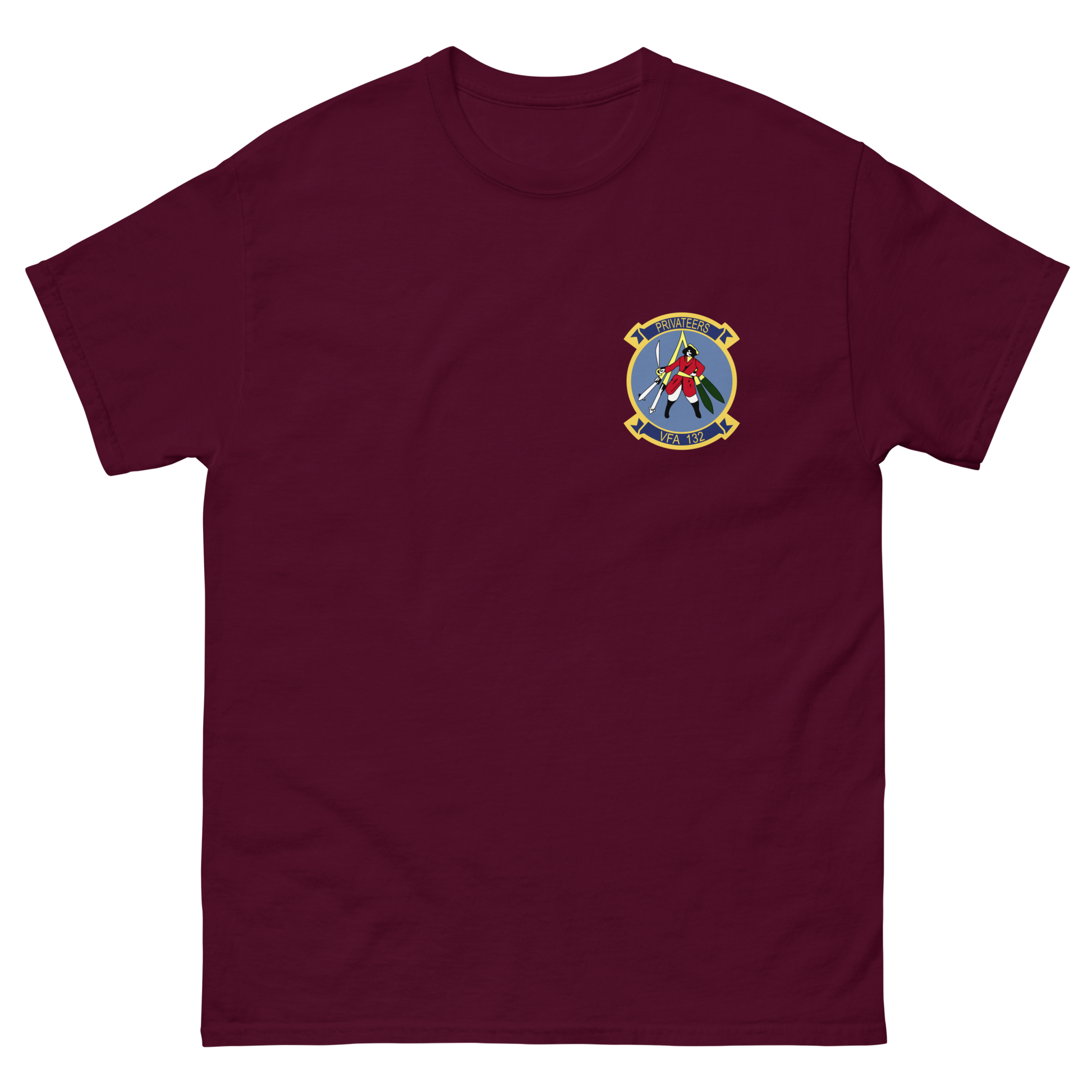 VFA-132 Privateers Squadron Crest T-Shirt – front view, maroon
