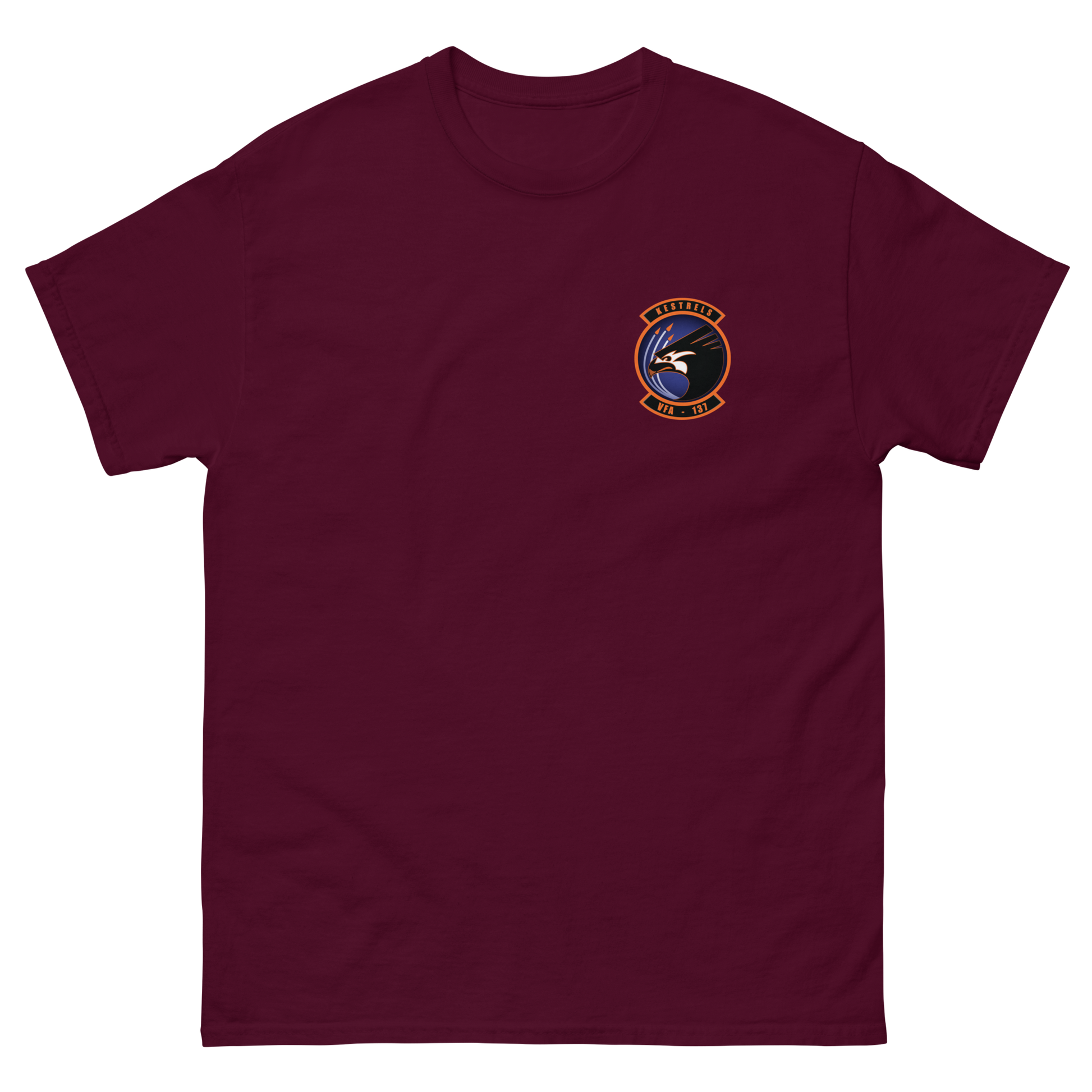 VFA-137 Kestrels Squadron Crest T-Shirt – front view, maroon