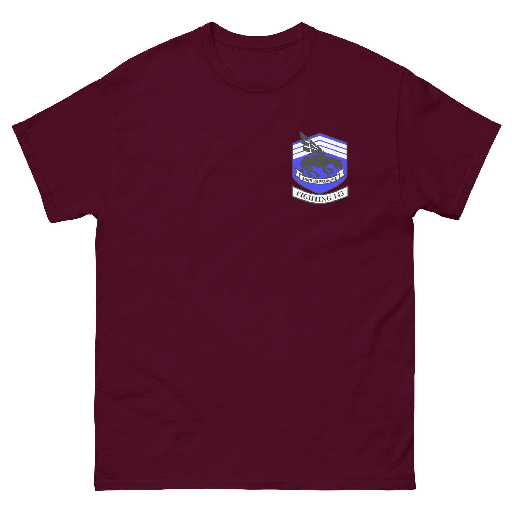 VFA-143 Pukin' Dogs Squadron Crest T-Shirt – front view, maroon