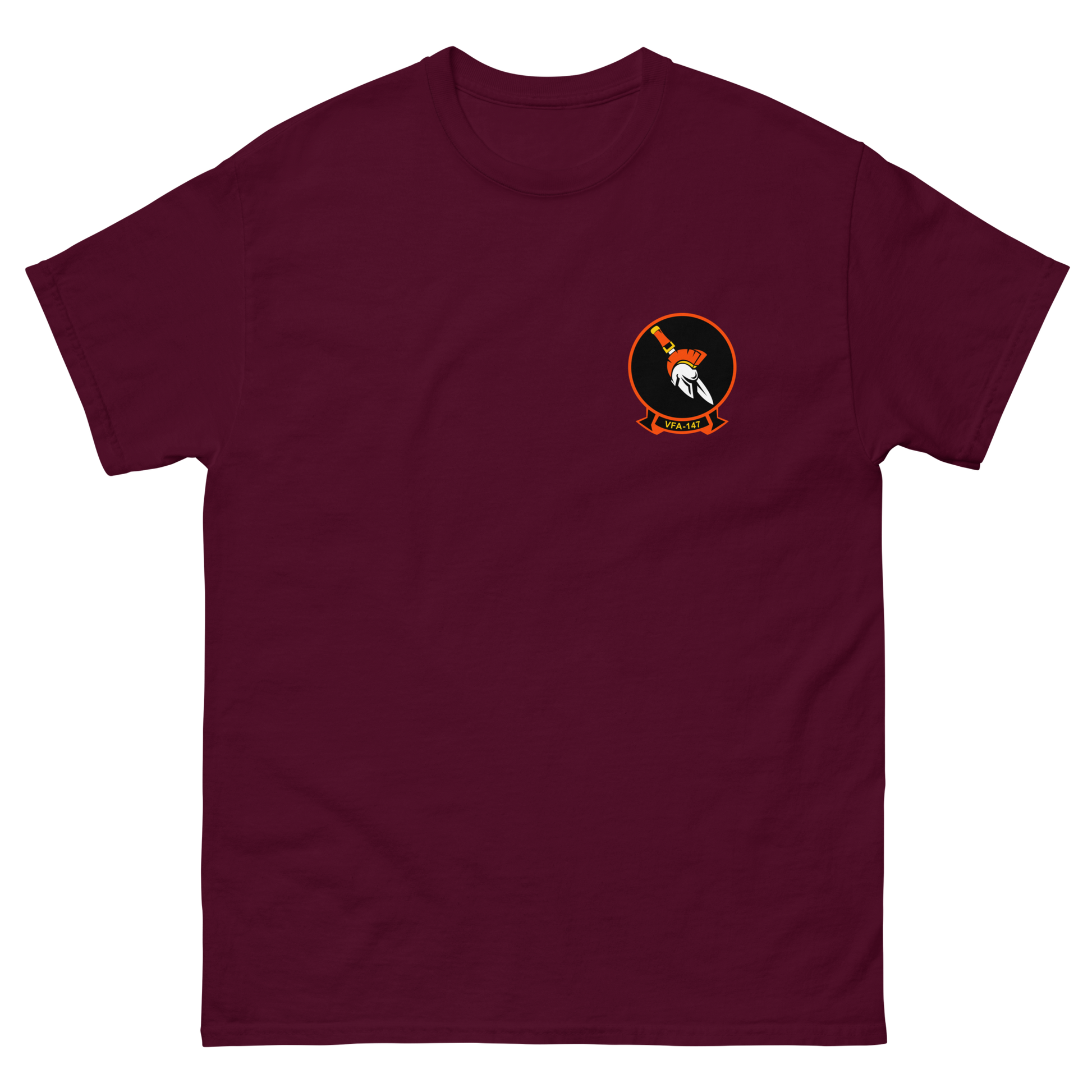 VFA-147 Argonauts Squadron Crest T-Shirt – front view, maroon
