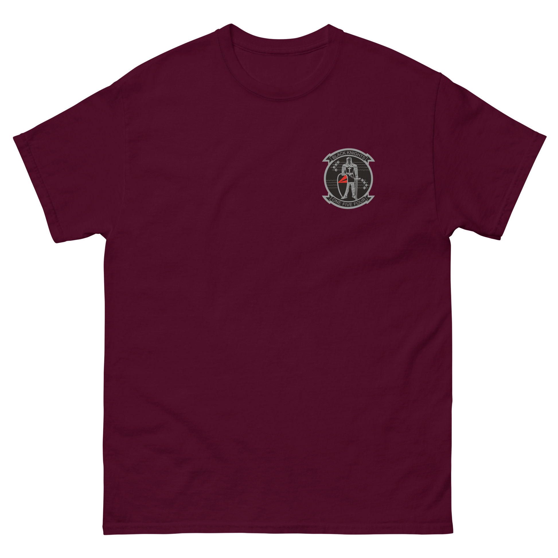 VFA-154 Black Knights Squadron Crest T-Shirt – front view, maroon