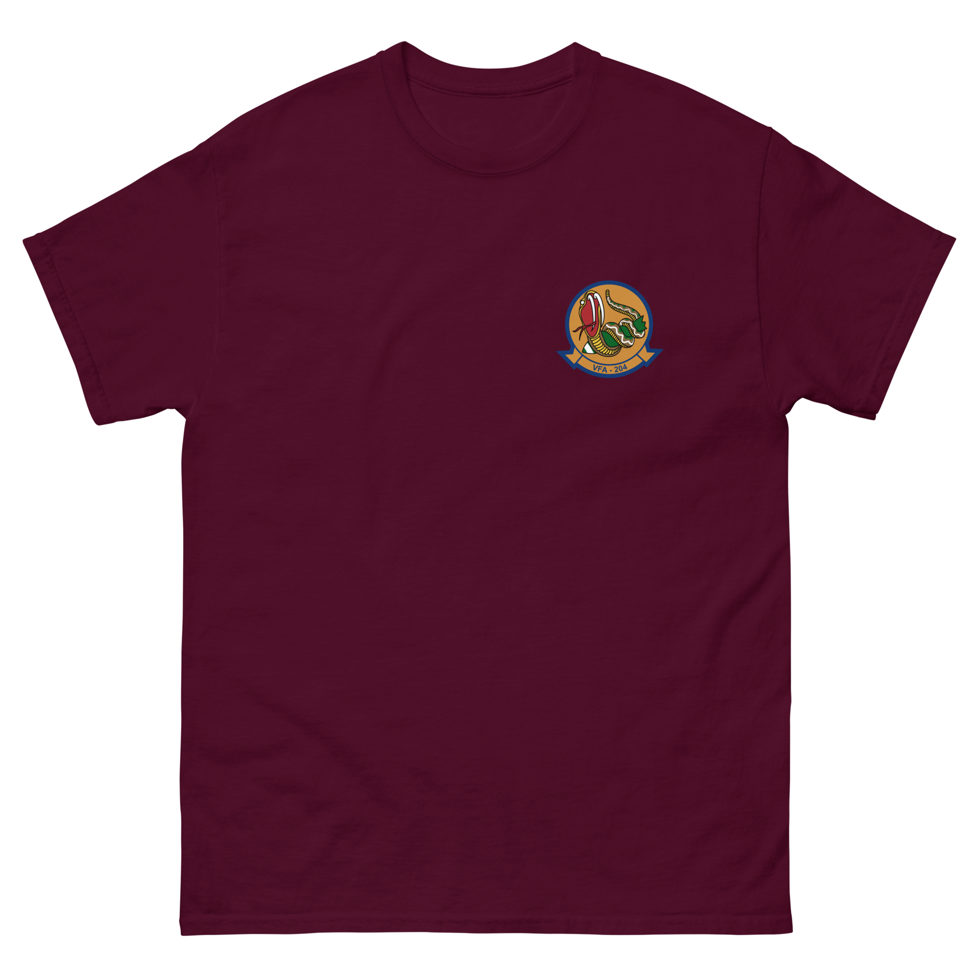 VFA-204 River Rattlers Squadron Crest T-Shirt – front view, maroon
