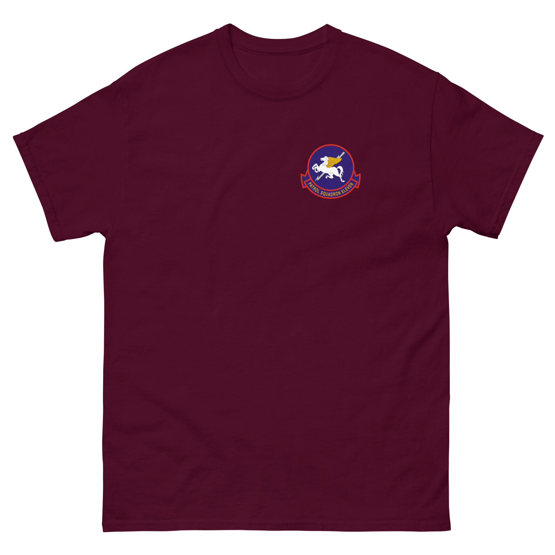 VP-11 Proud Pegasus Squadron Crest T-Shirt – front view, maroon