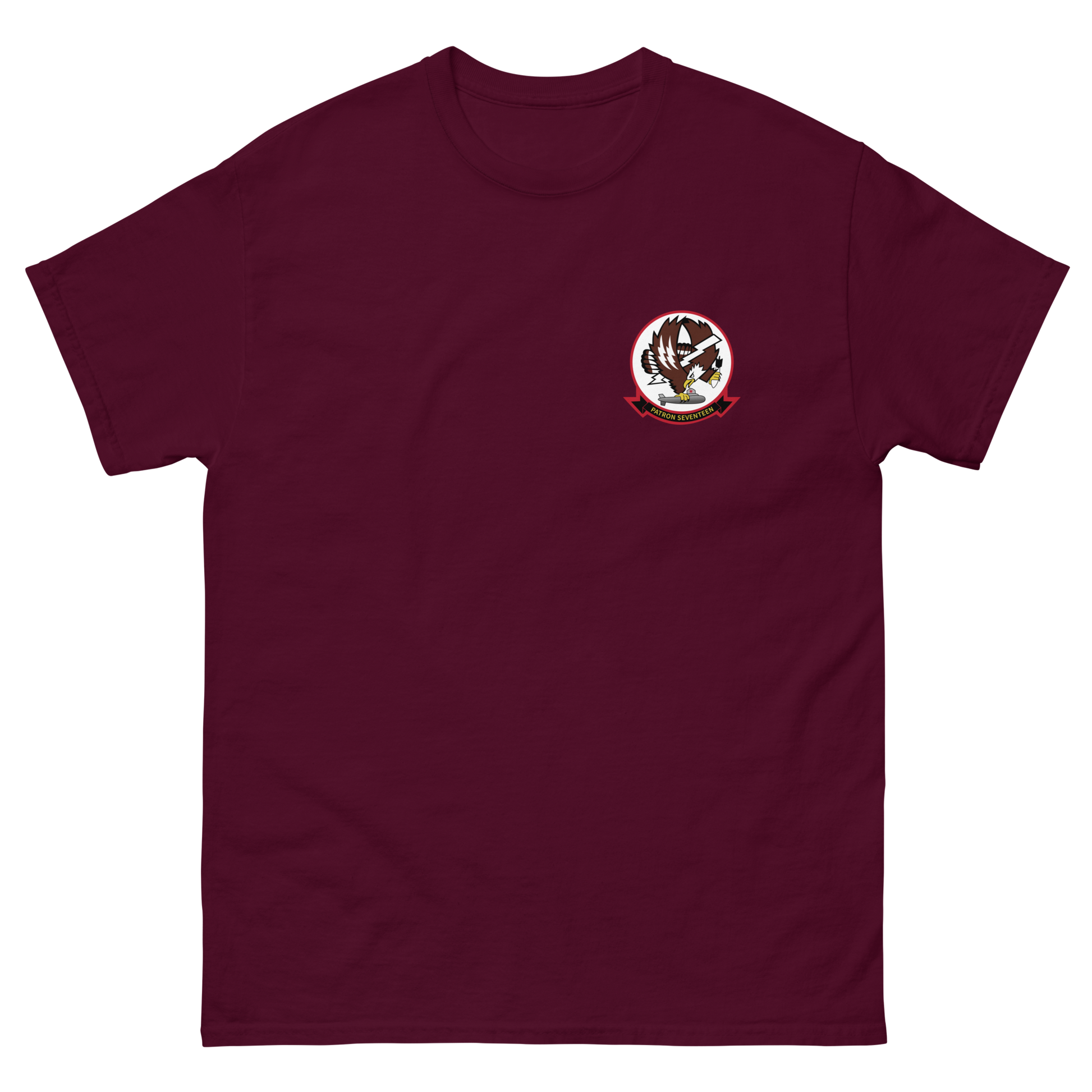 VP-17 White Lightnings Squadron Crest T-Shirt – front view, maroon