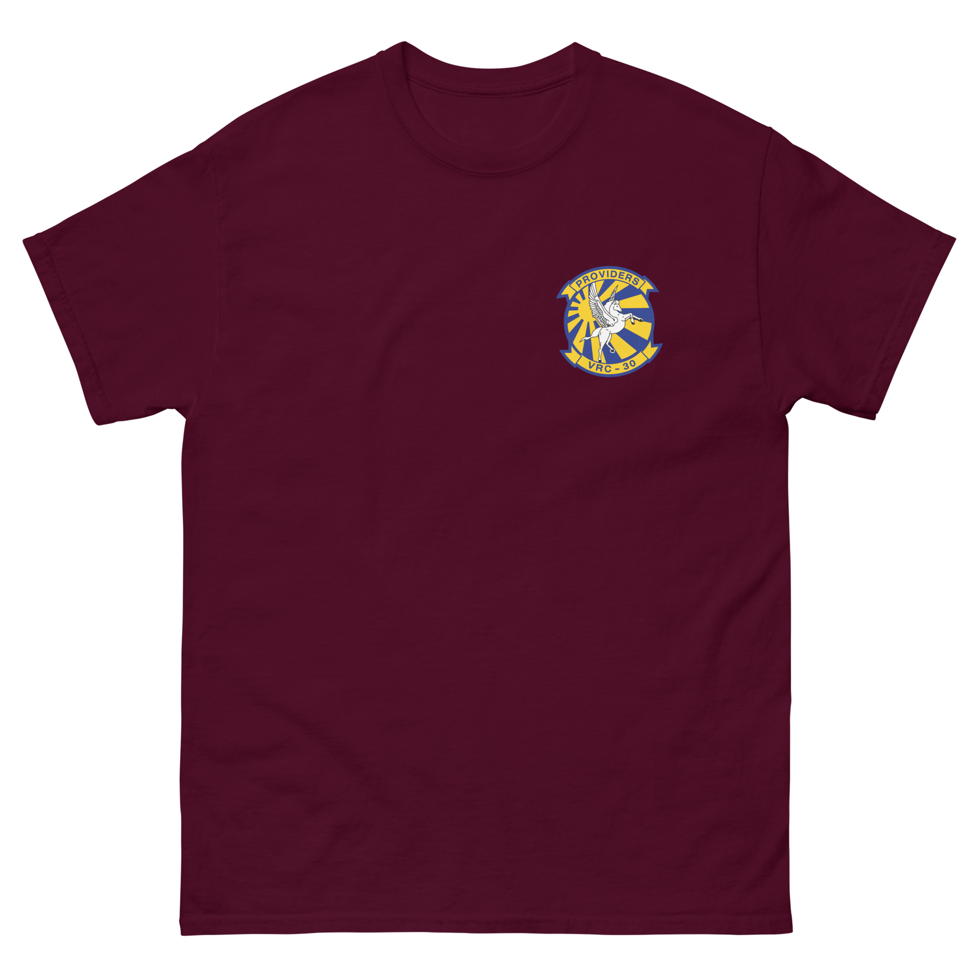 VRC-30 Providers Squadron Crest T-Shirt – front view, maroon