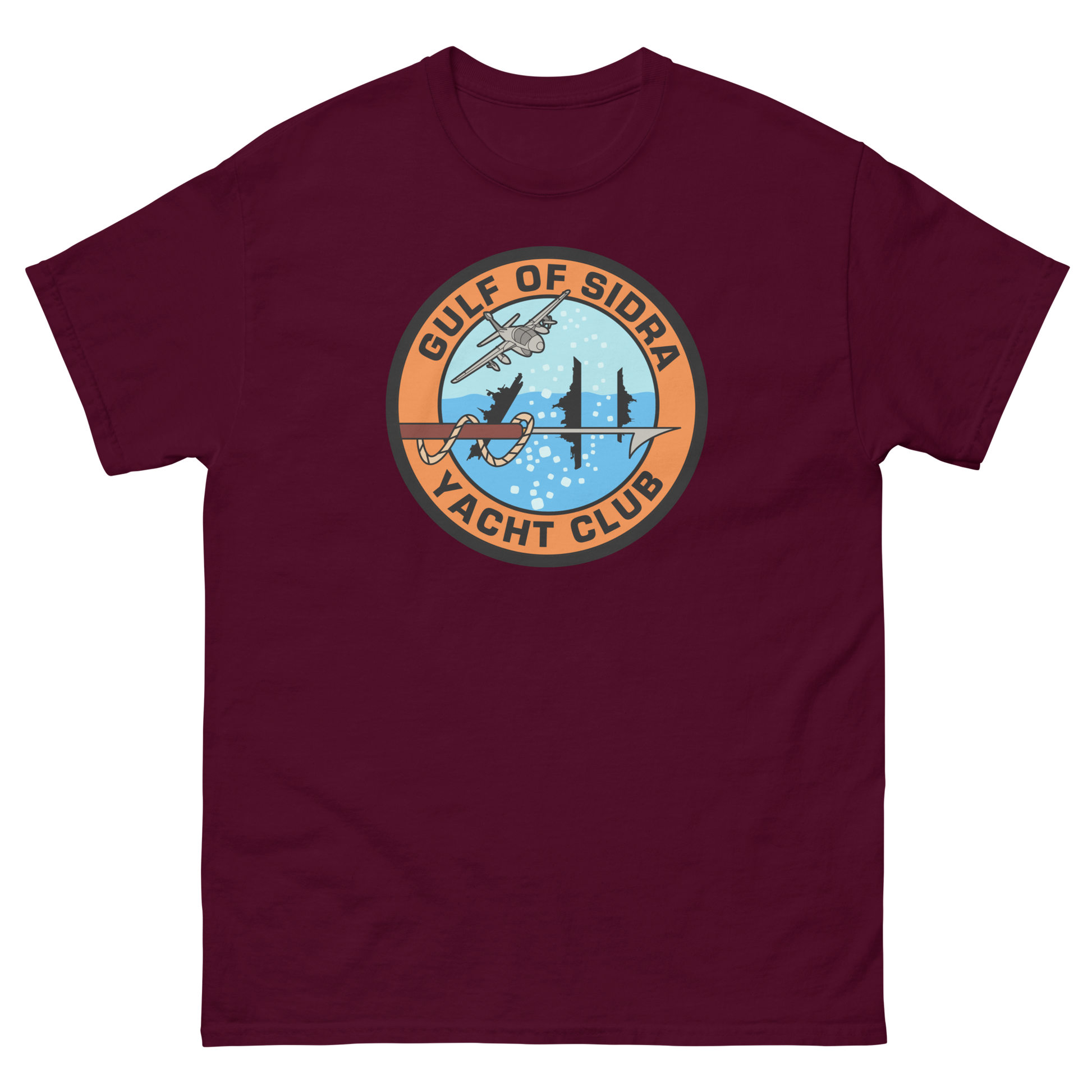 Gulf of Sidra Yacht Club T-Shirt – front view, maroon