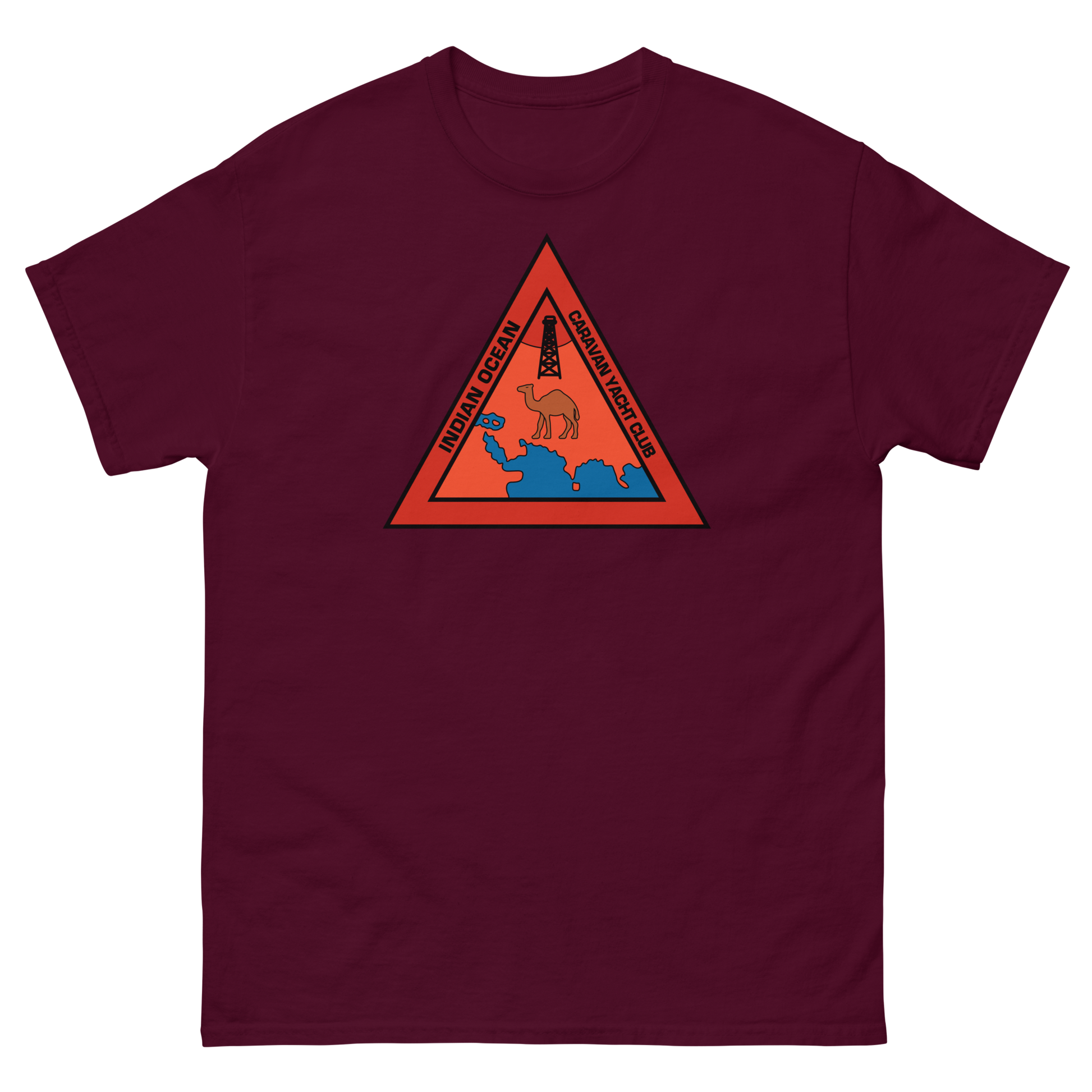 Indian Ocean Caravan Yacht Club T-Shirt – front view, maroon