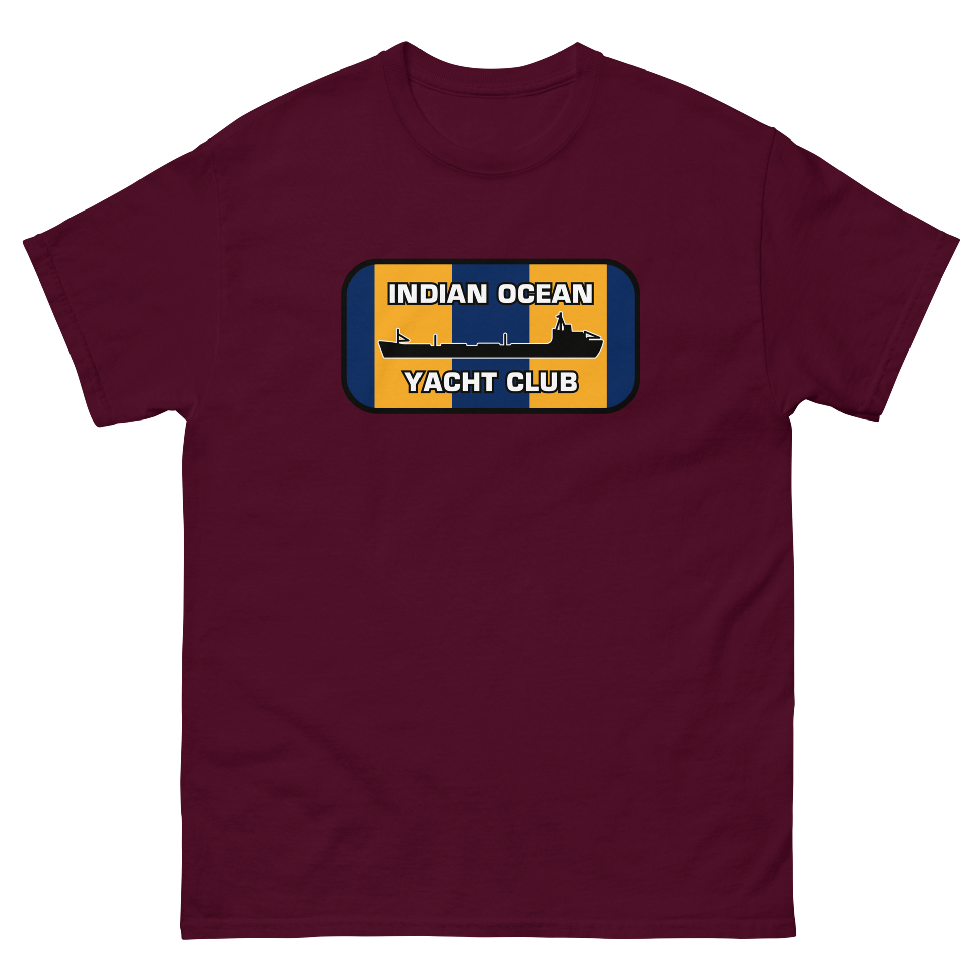 Indian Ocean Yacht Club T-Shirt – front view, maroon