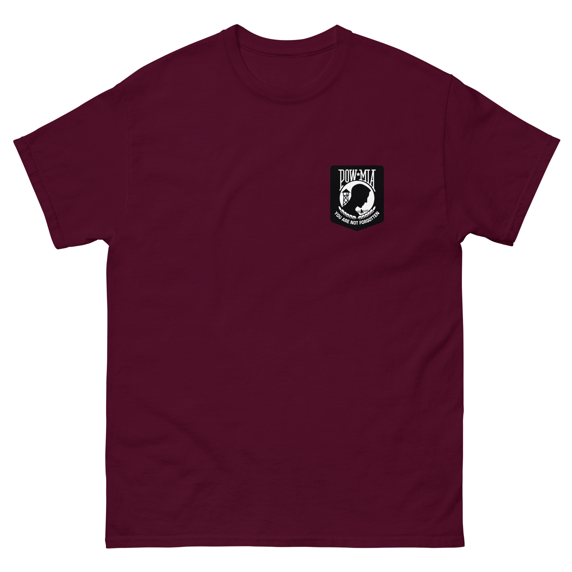 POW-MIA You are not forgotten T-Shirt – front view, maroon