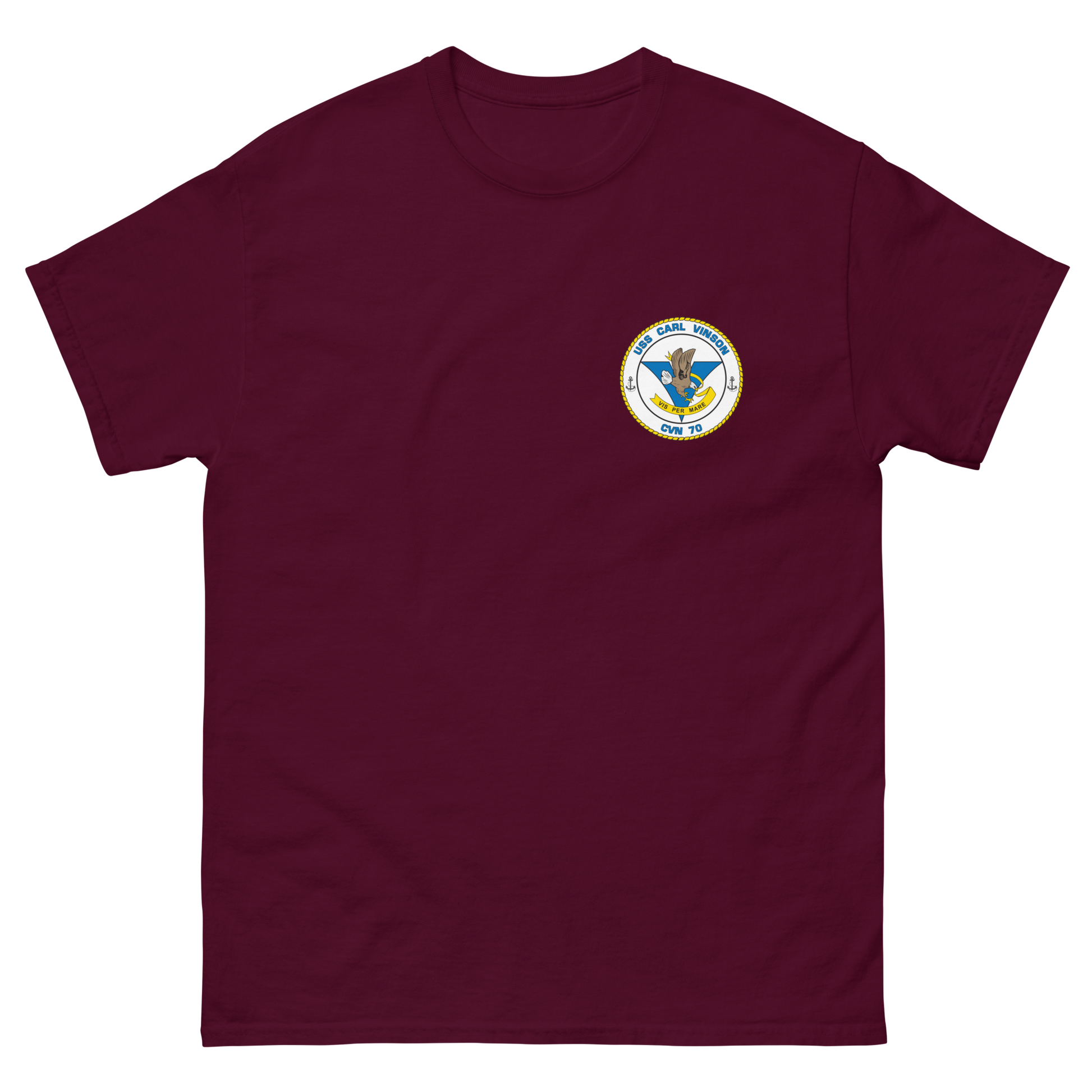USS Carl Vinson (CVN-70) Ship's Crest Shirt – front view, maroon