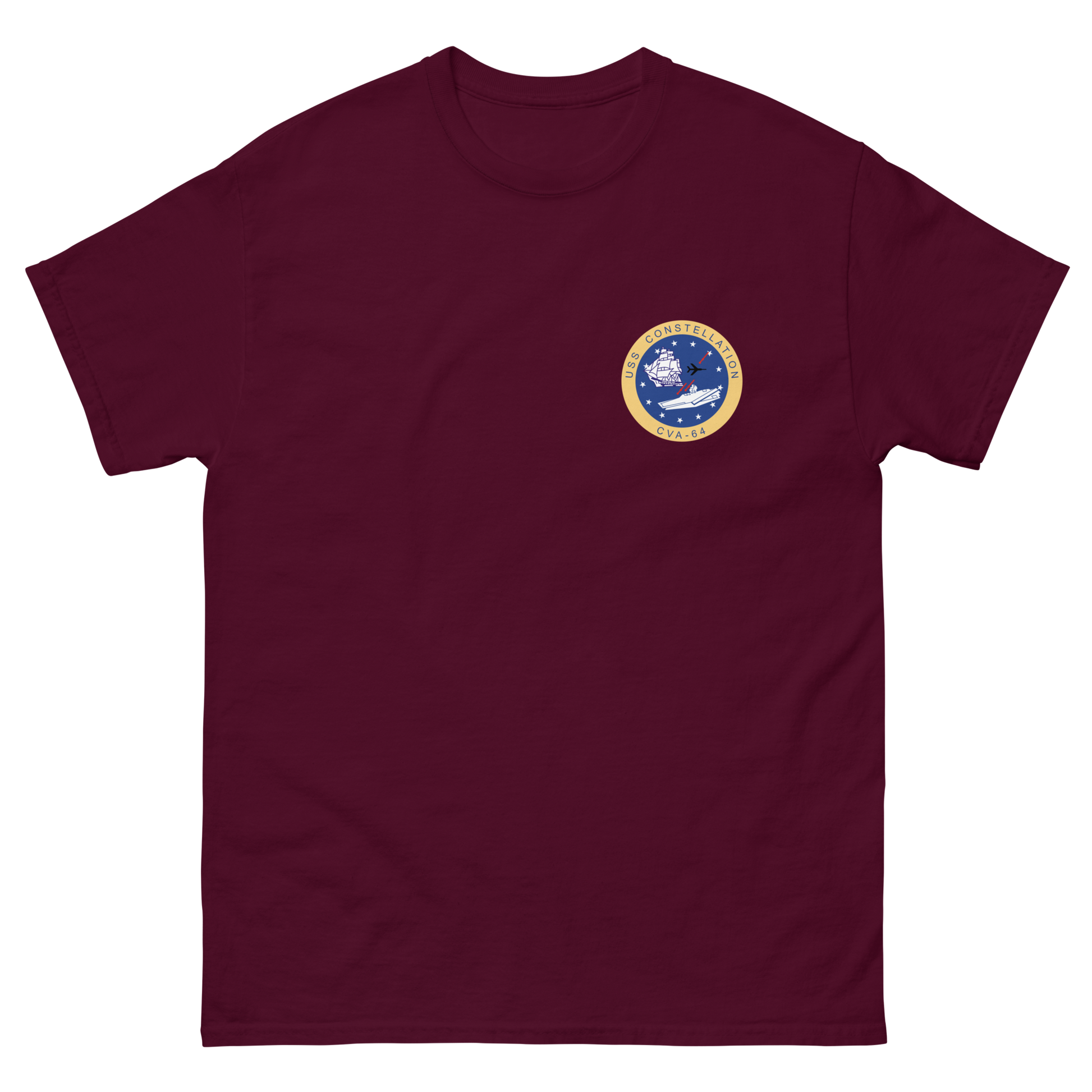 USS Constellation (CVA-64) Ship's Crest Shirt – front view, maroon