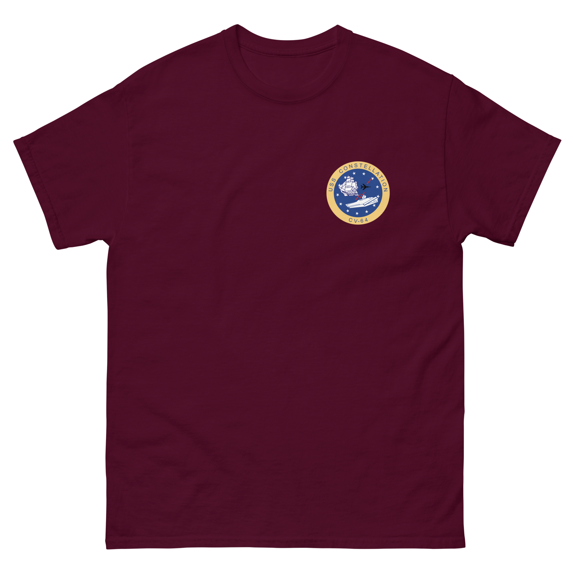 USS Constellation (CV-64) Ship's Crest T-Shirt – front view, maroon