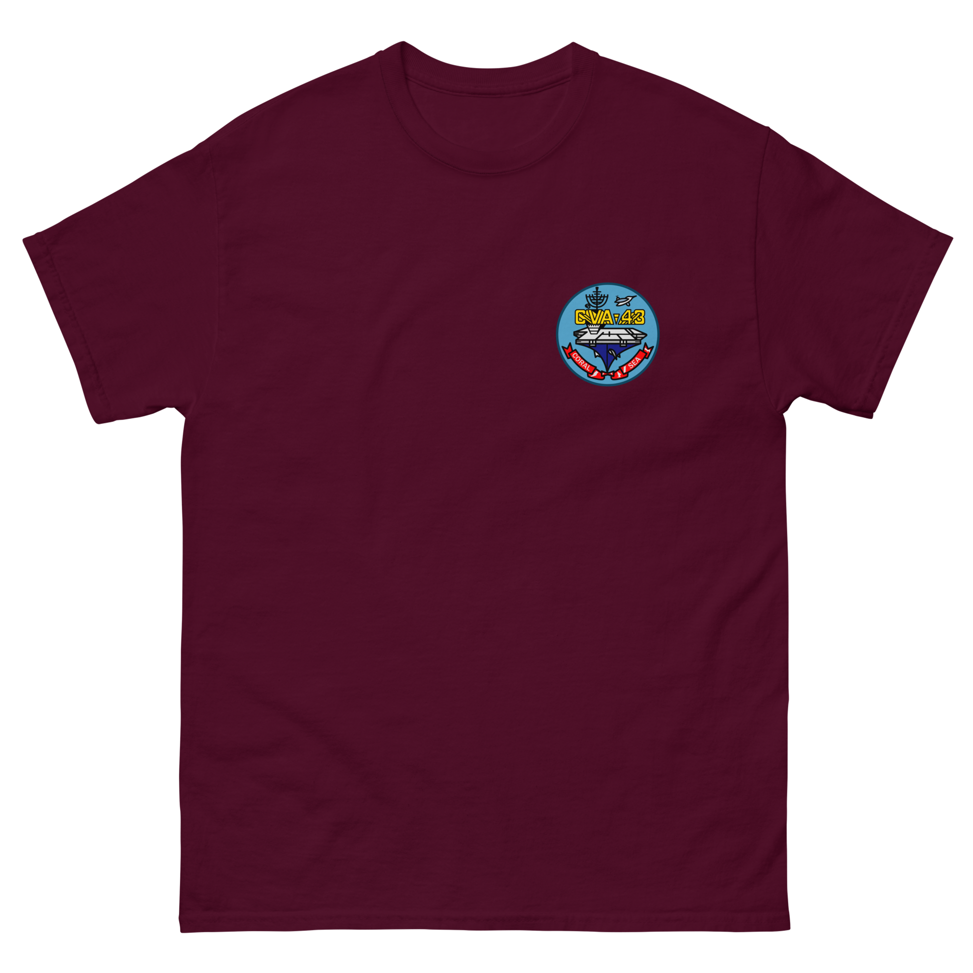 USS Coral Sea (CVA-43) Ship's Crest T-Shirt – front view, maroon