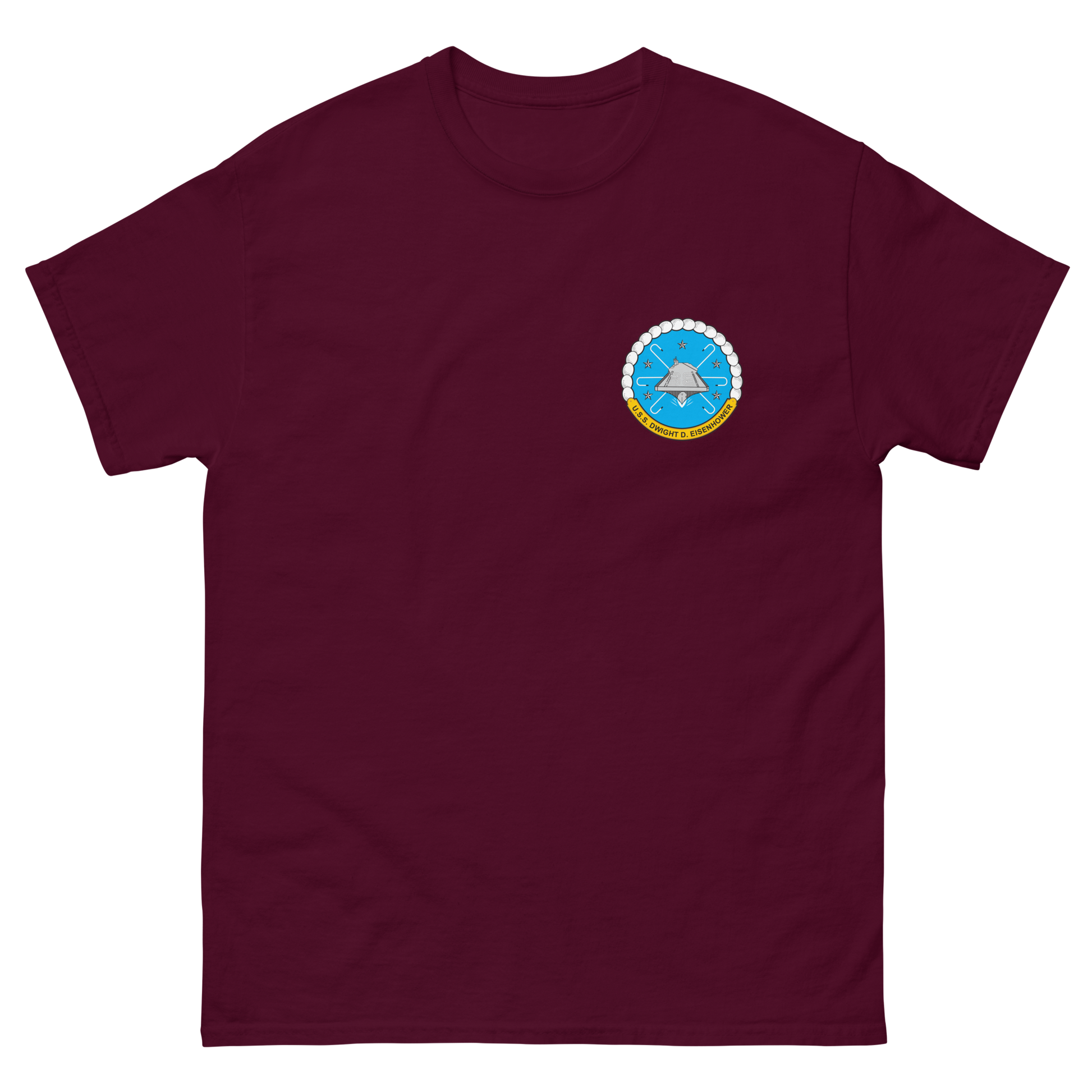USS Dwight D. Eisenhower (CVN-69) Ship's Crest T-Shirt – front view, maroon