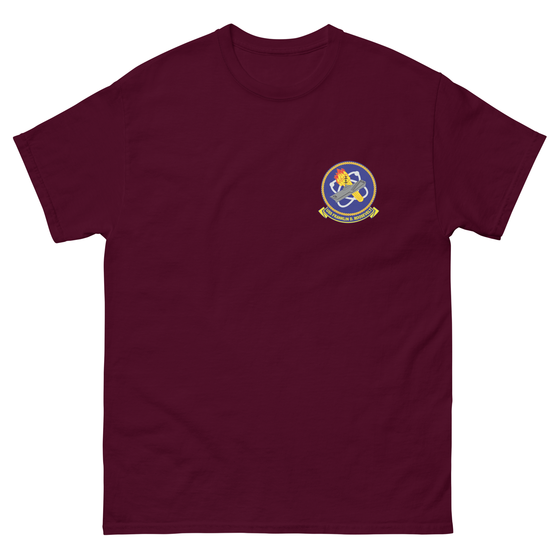 USS Franklin D. Roosevelt (CVB/CVA/CV-42) Ship's Crest T-Shirt – front view, maroon