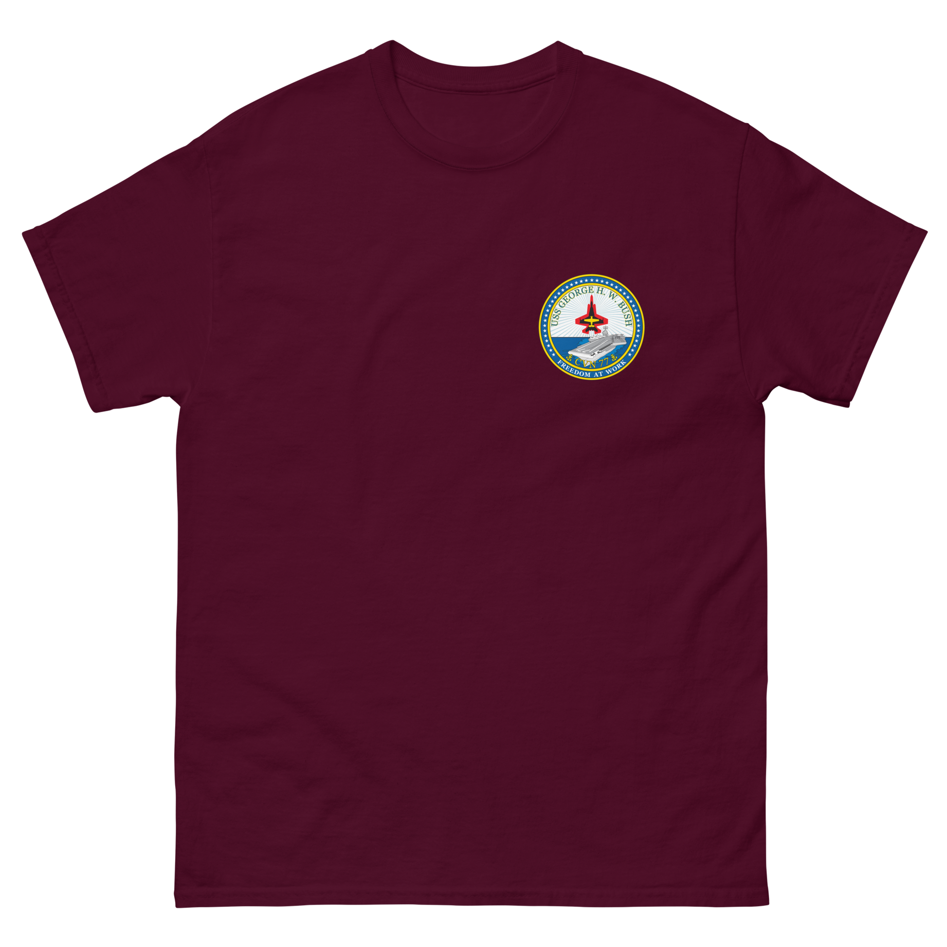 USS George H.W. Bush (CVN-77) Ship's Crest T-Shirt – front view, maroon