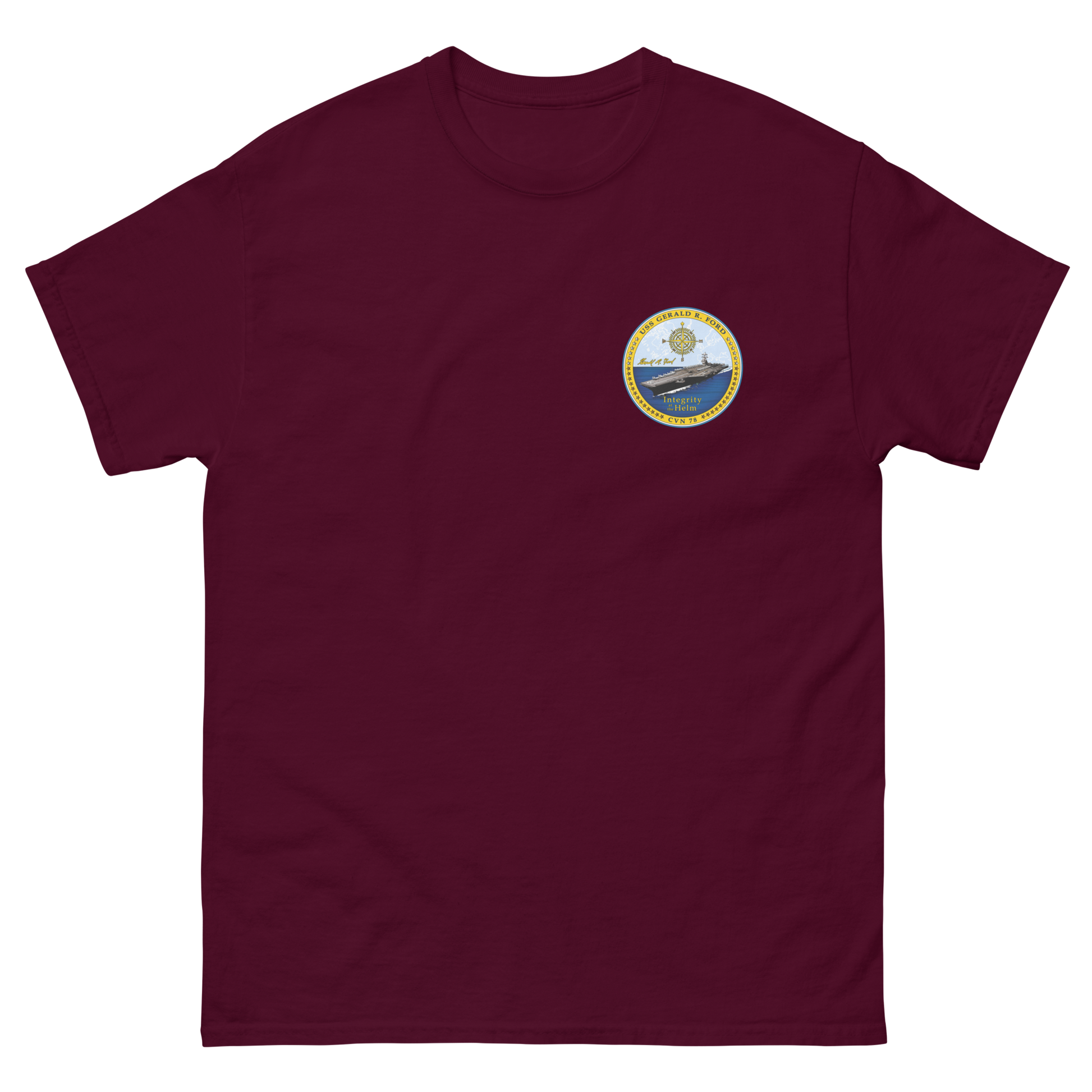 USS Gerald R. Ford (CVN-78) Ship's Crest T-Shirt – front view, maroon