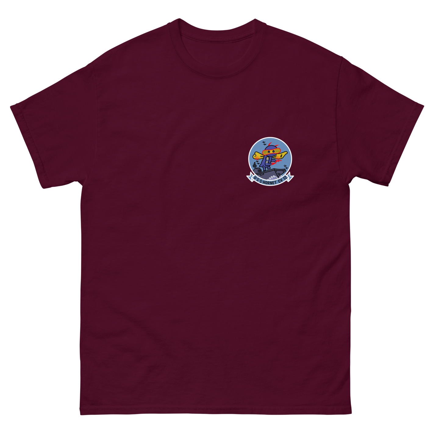 USS Hornet (CV-12) Ship's Crest T-Shirt – front view, maroon