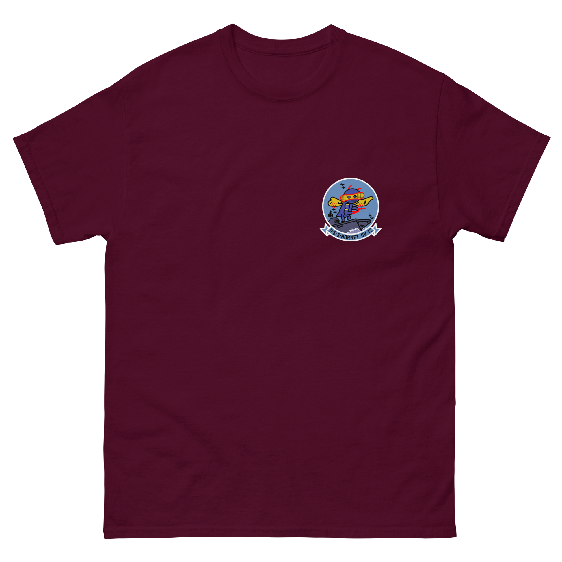USS Hornet (CV-12) Ship's Crest T-Shirt – front view, maroon