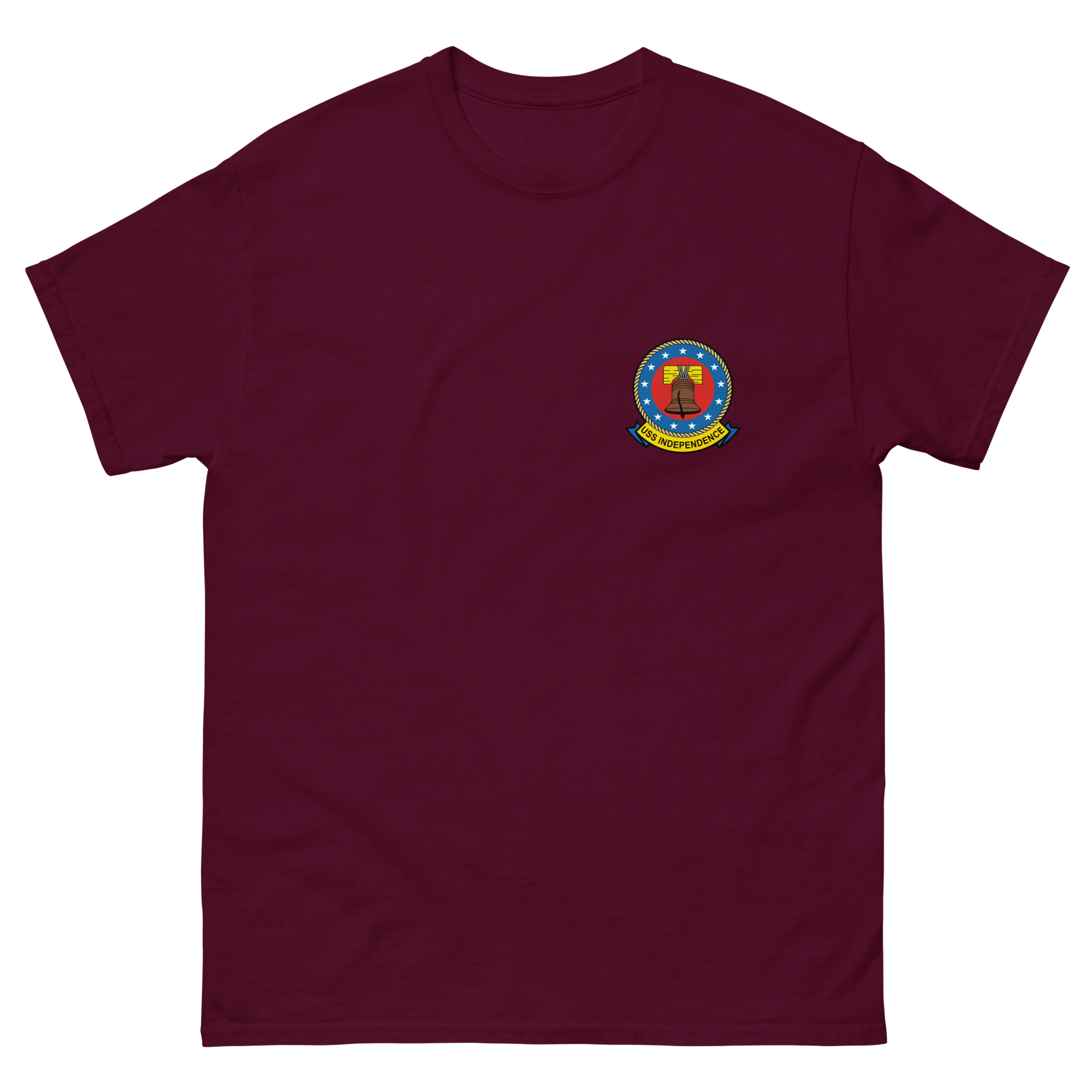 USS Independence (CVA/CV-62) Ship's Crest T-Shirt – front view, maroon