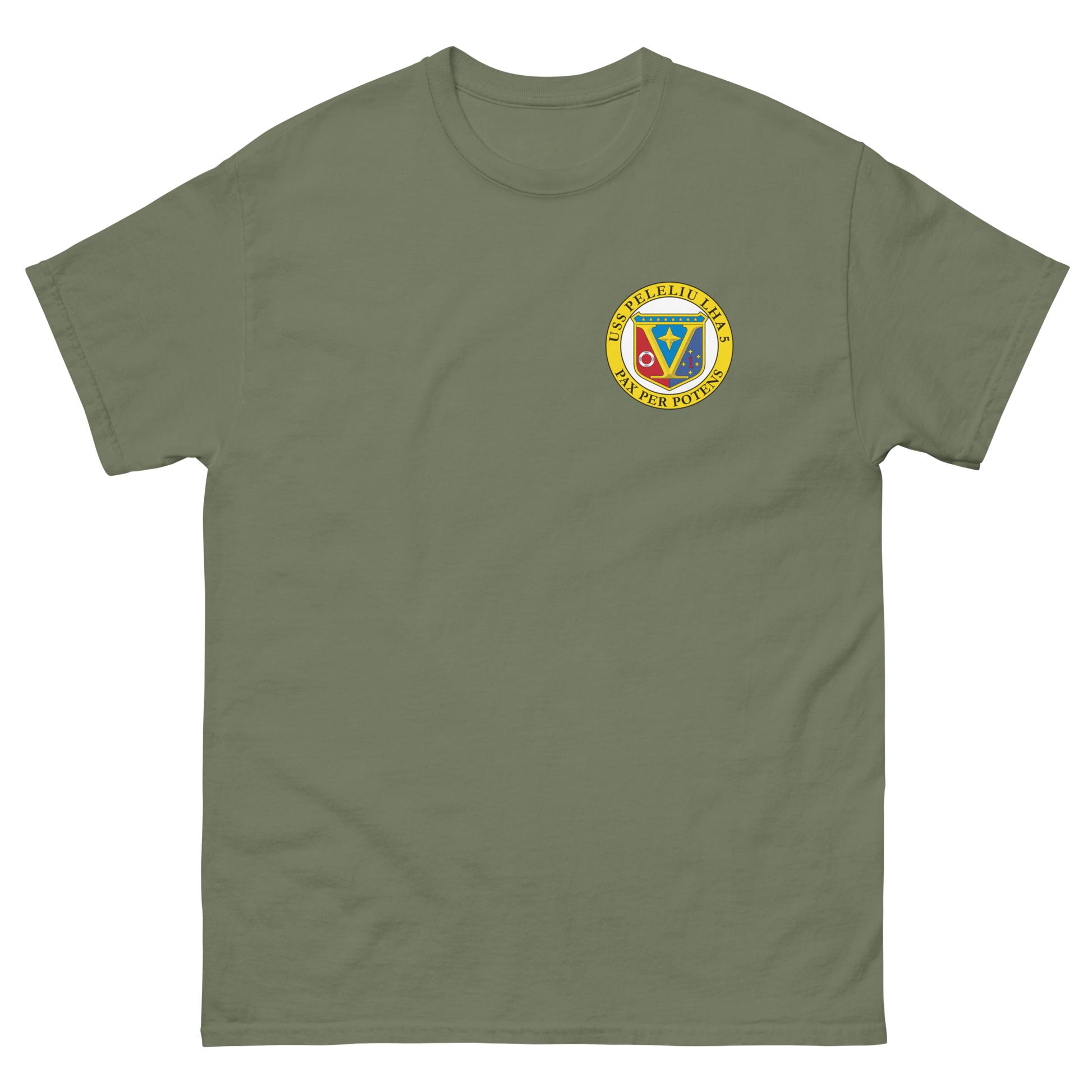 USS Peleliu (LHA-5) Ship's Crest T-Shirt – front view, military green