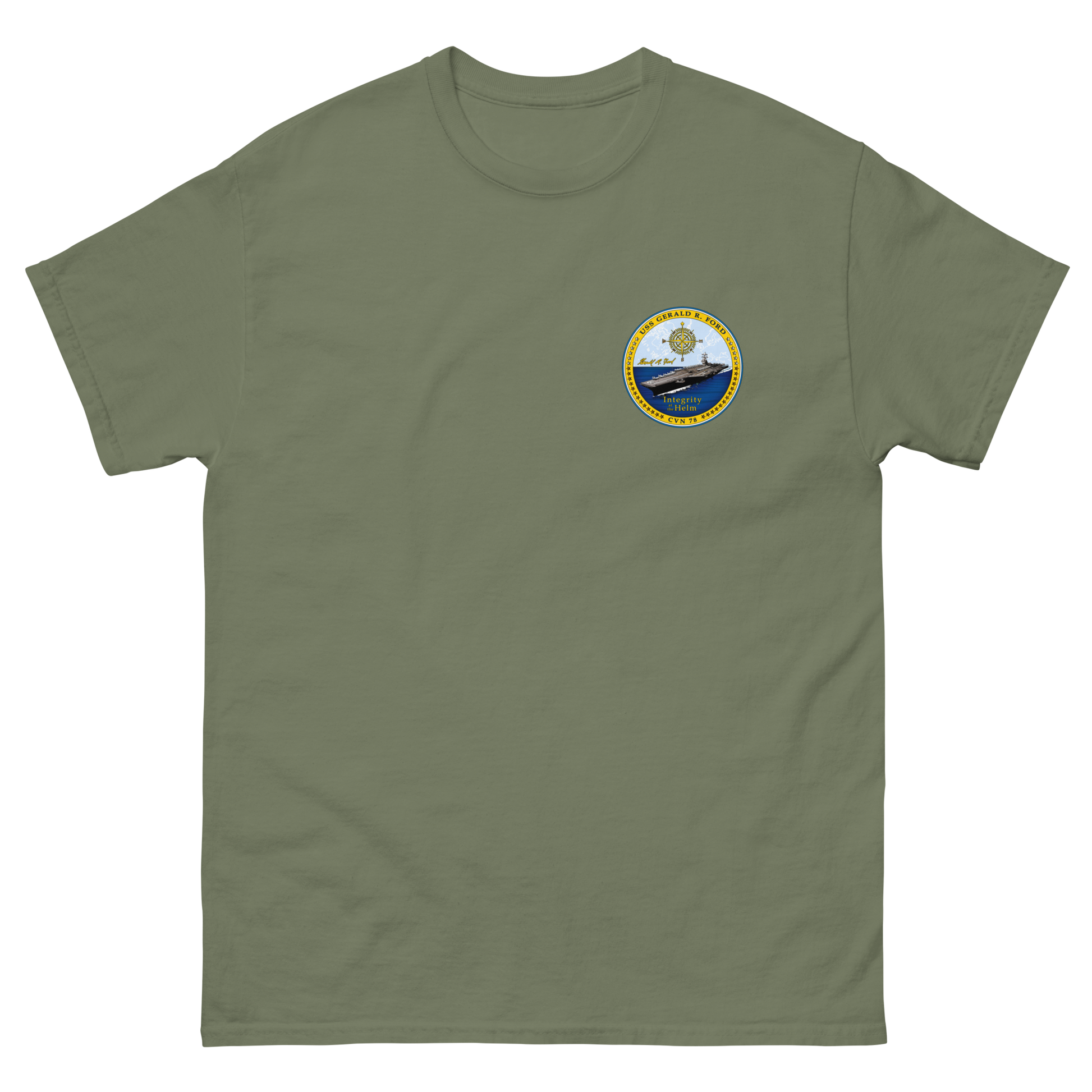 USS Gerald R. Ford (CVN-78) Ship's Crest T-Shirt – front view, military green
