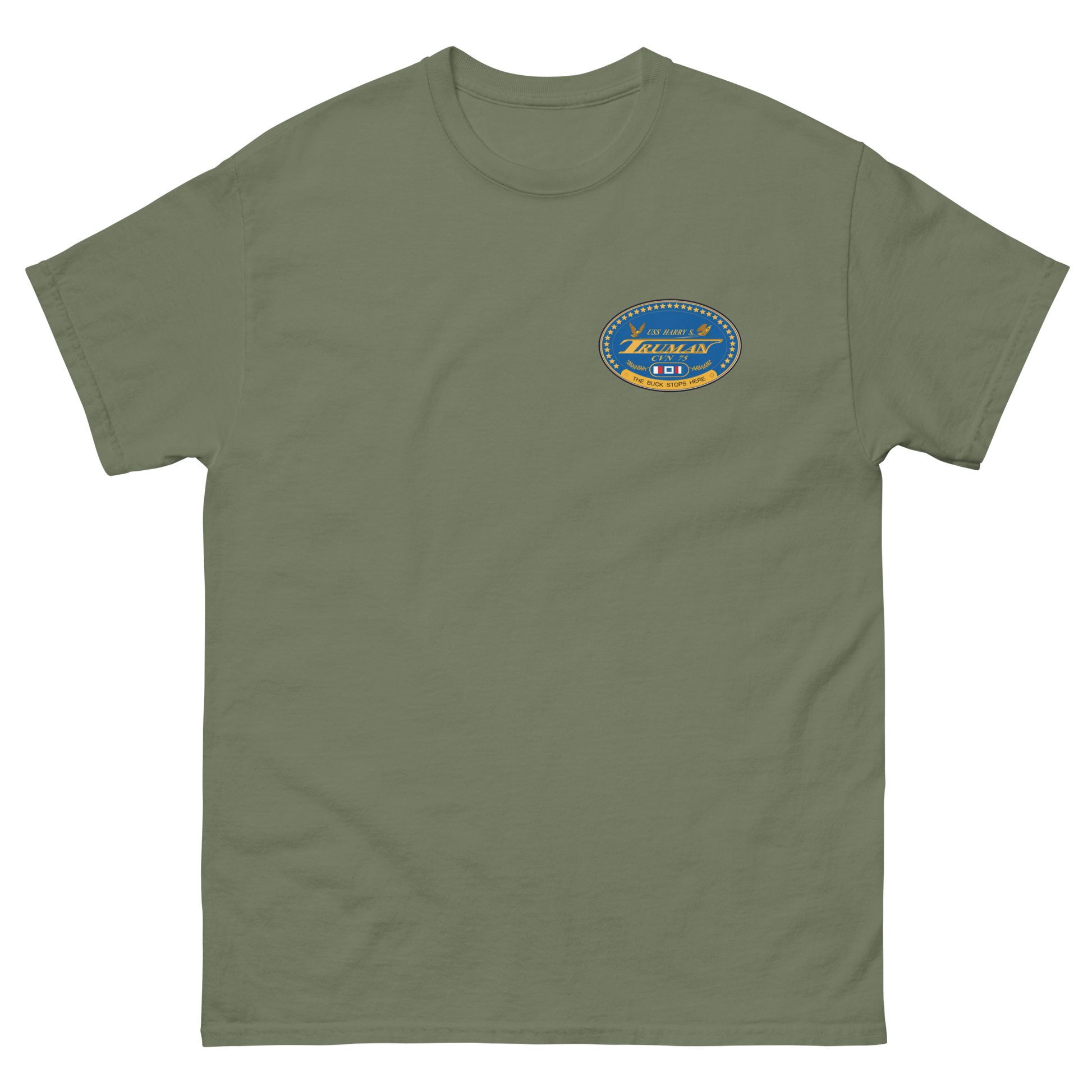 USS Harry S. Truman (CVN-75) Ship's Crest T-Shirt – front view, military green