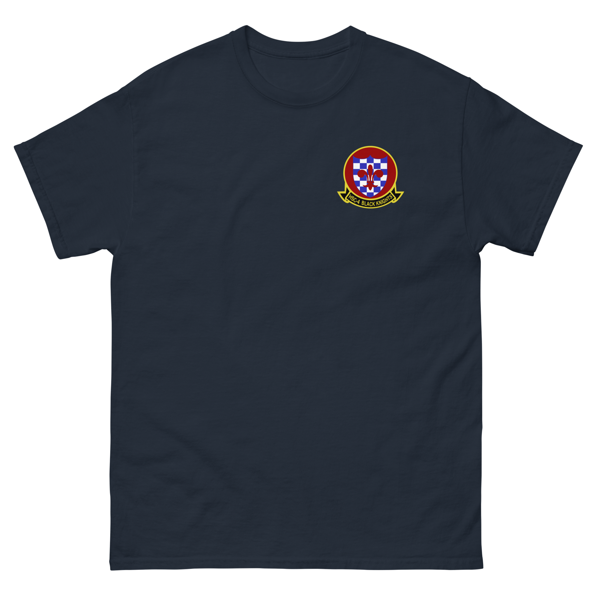 HSC-4 Black Knights Squadron Crest Shirt – front view, navy