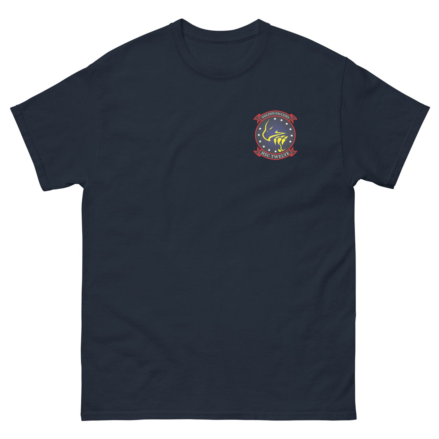 HSC-12 Golden Falcons Squadron Crest T-Shirt – front view, navy