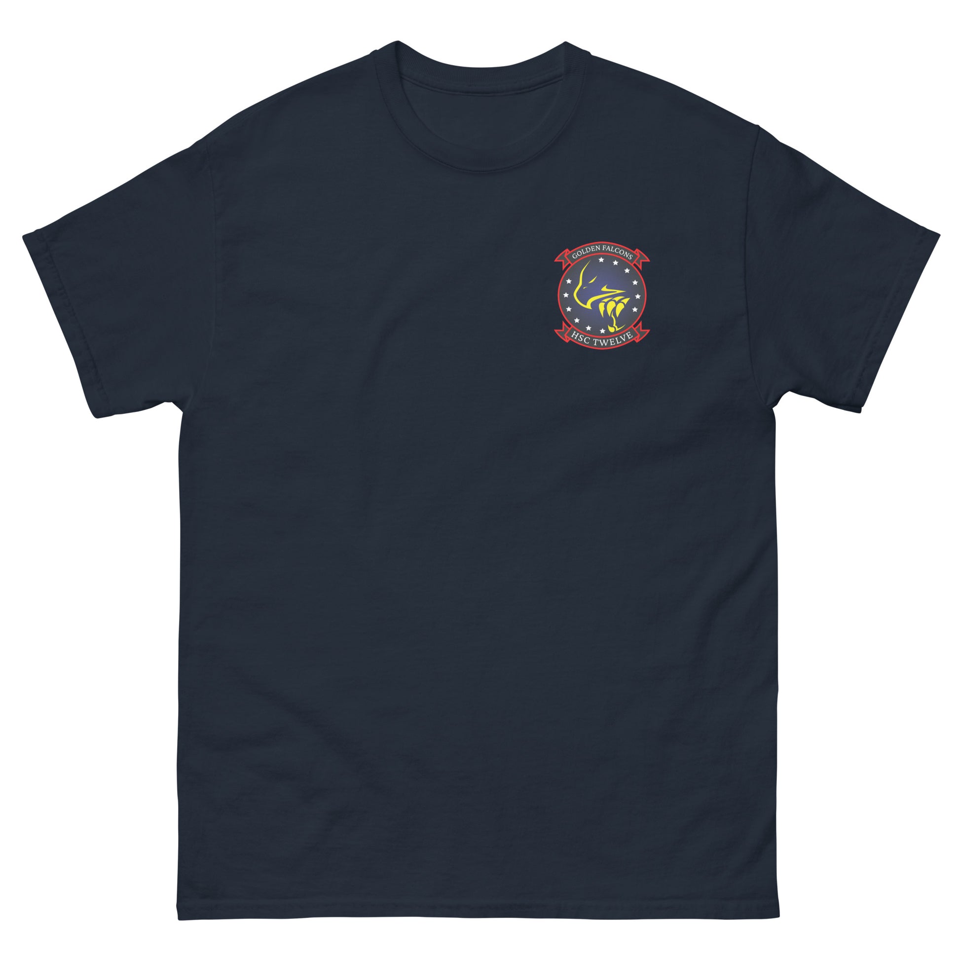 HSC-12 Golden Falcons Squadron Crest T-Shirt – front view, navy