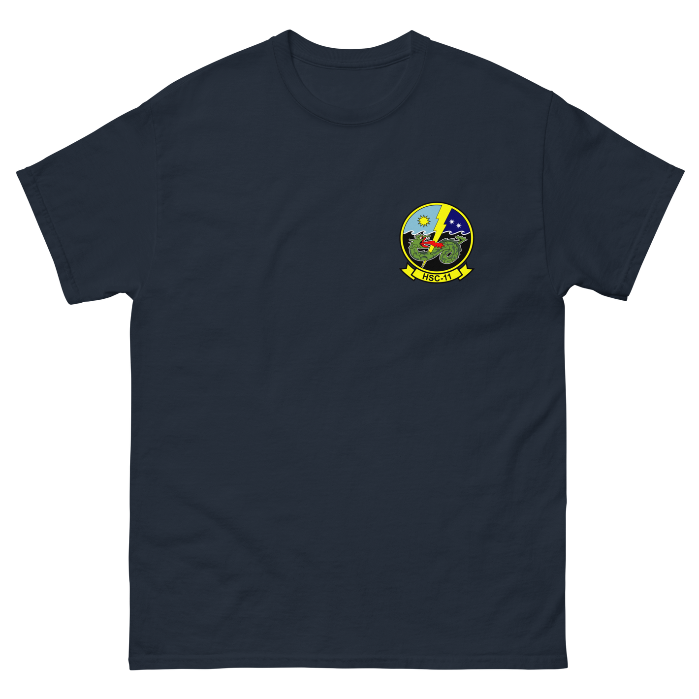HSC-11 Dragonslayers Squadron Crest T-Shirt – front view, navy
