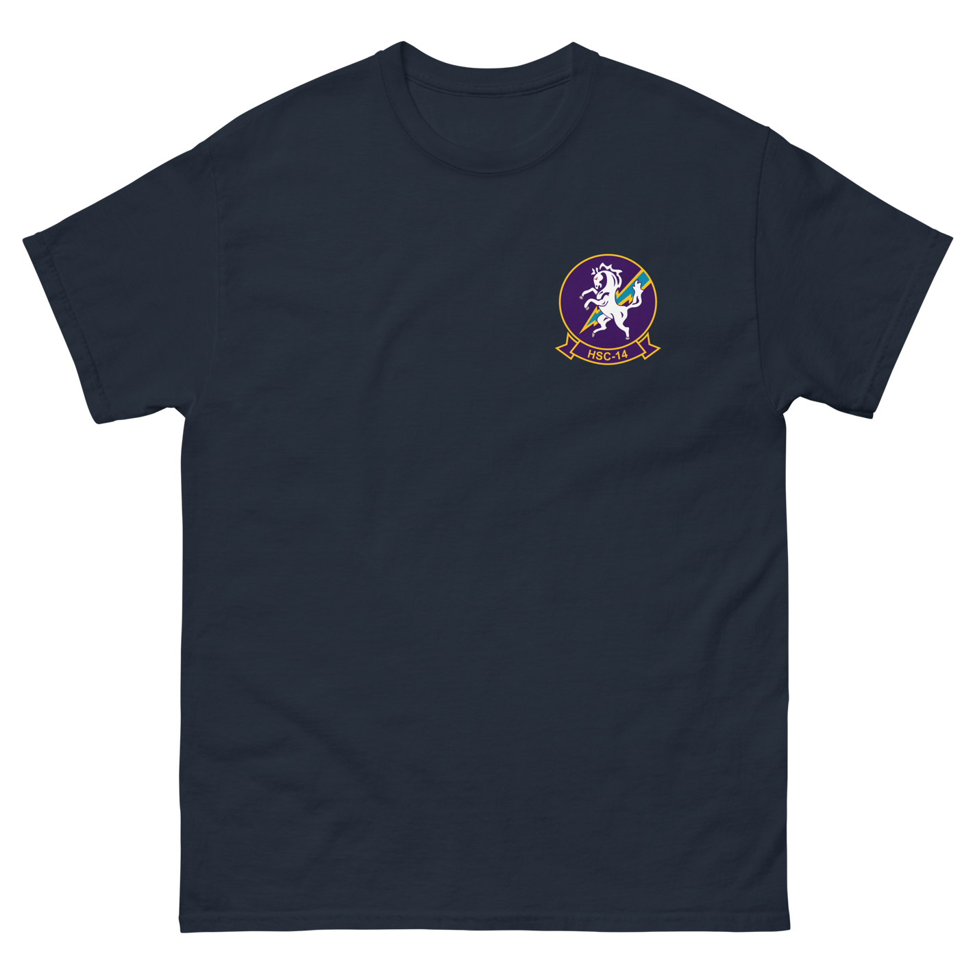 HSC-14 Chargers Squadron Crest T-Shirt – front view, navy