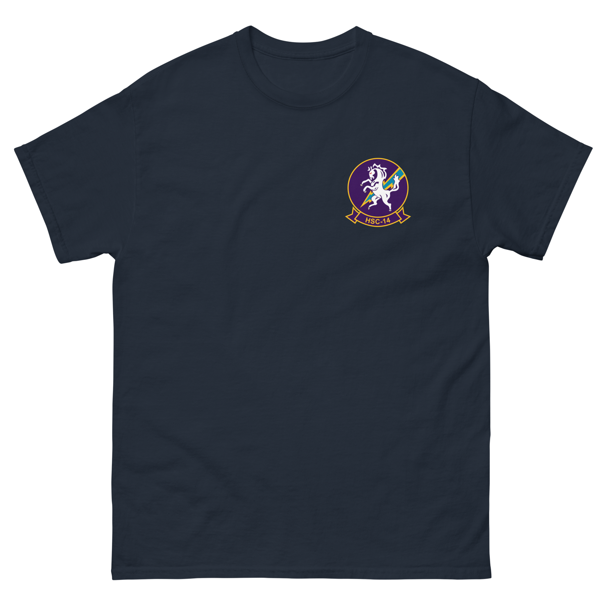 HSC-14 Chargers Squadron Crest T-Shirt – front view, navy