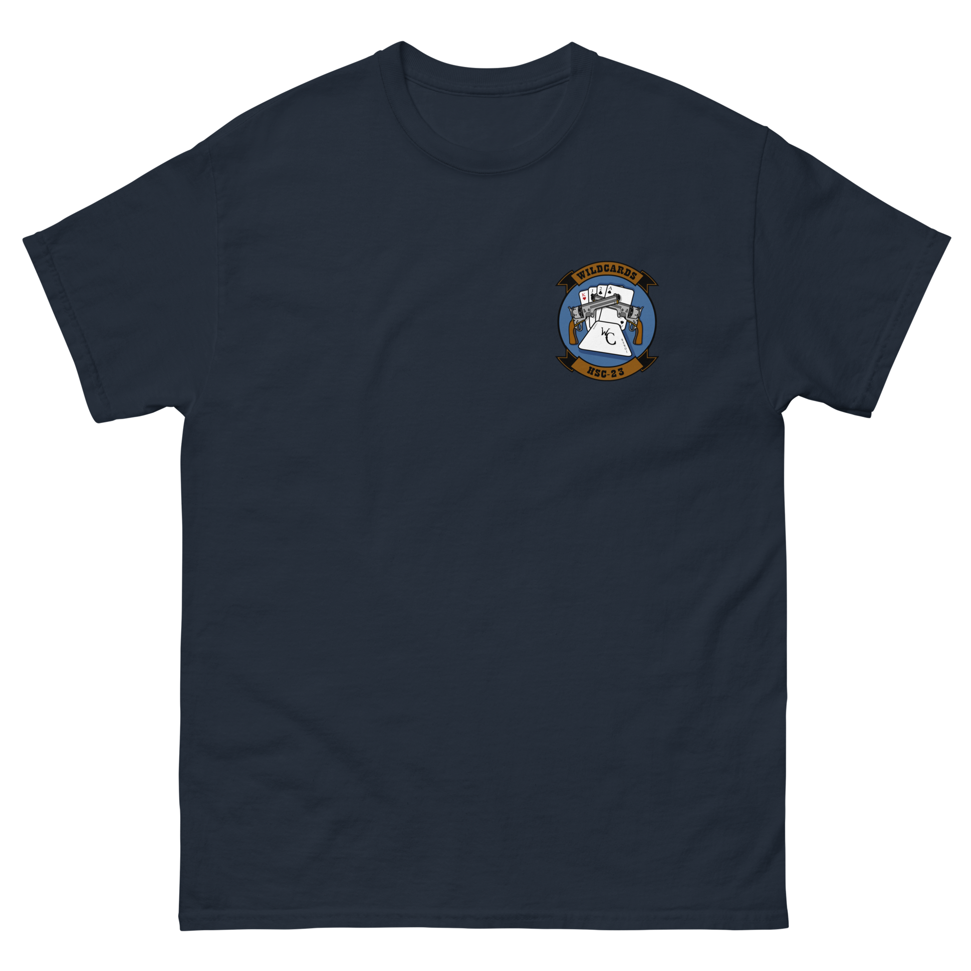HSC-23 Wildcards Squadron Crest T-Shirt – front view, navy