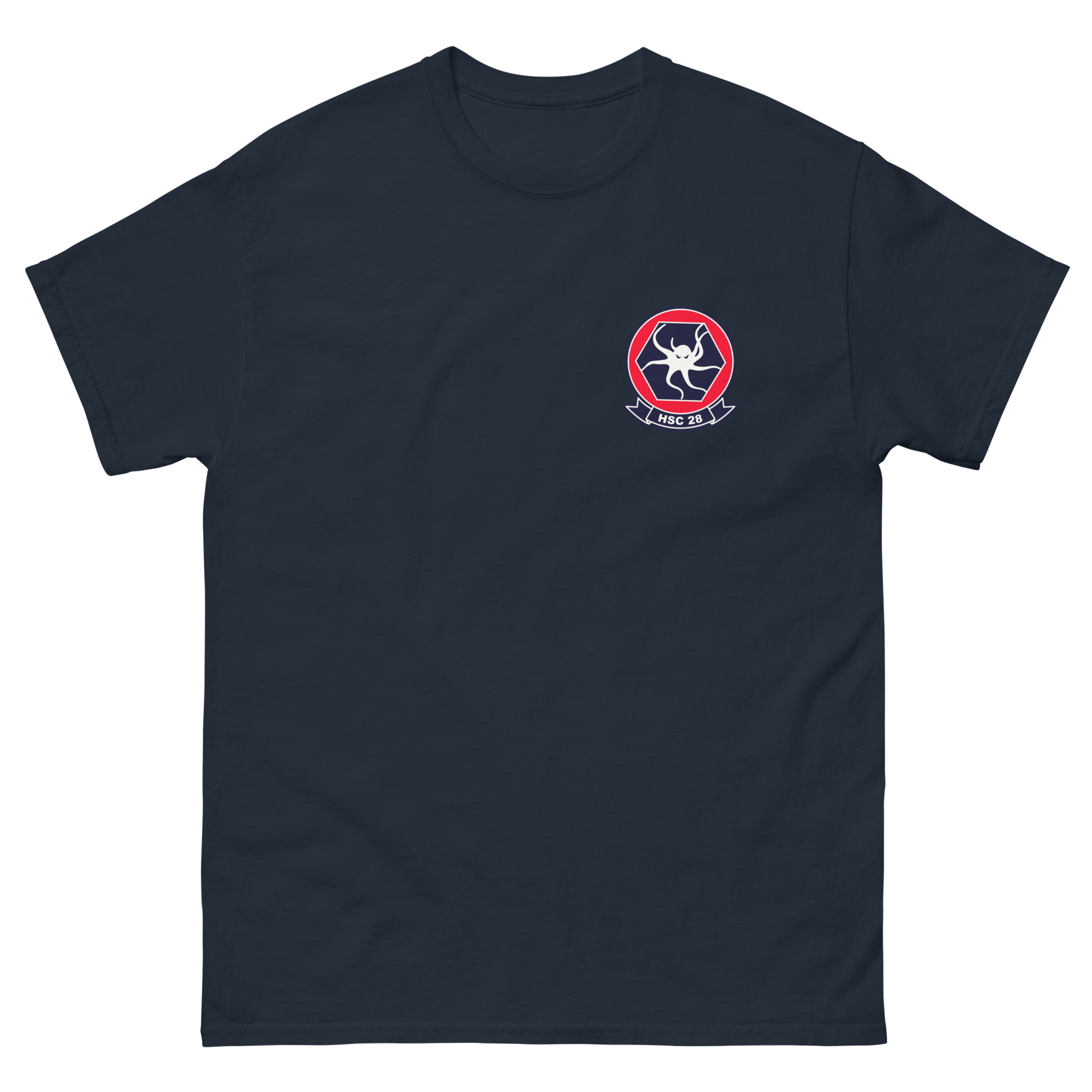 HSC-28 Dragon Whales Squadron Crest T-Shirt – front view, navy