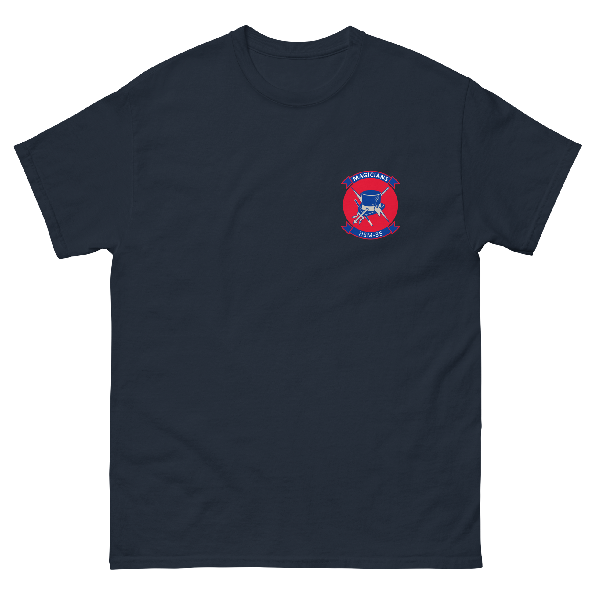 HSM-35 Magicians Squadron Crest T-Shirt – front view, navy
