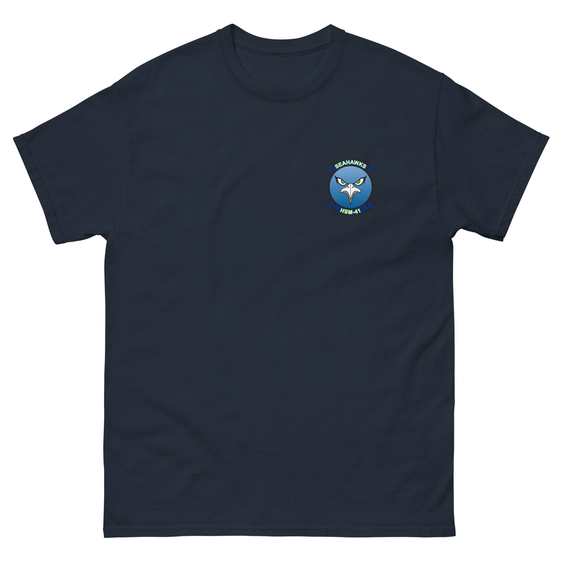 HSM-41 Seahawks Squadron Crest T-Shirt – front view, navy