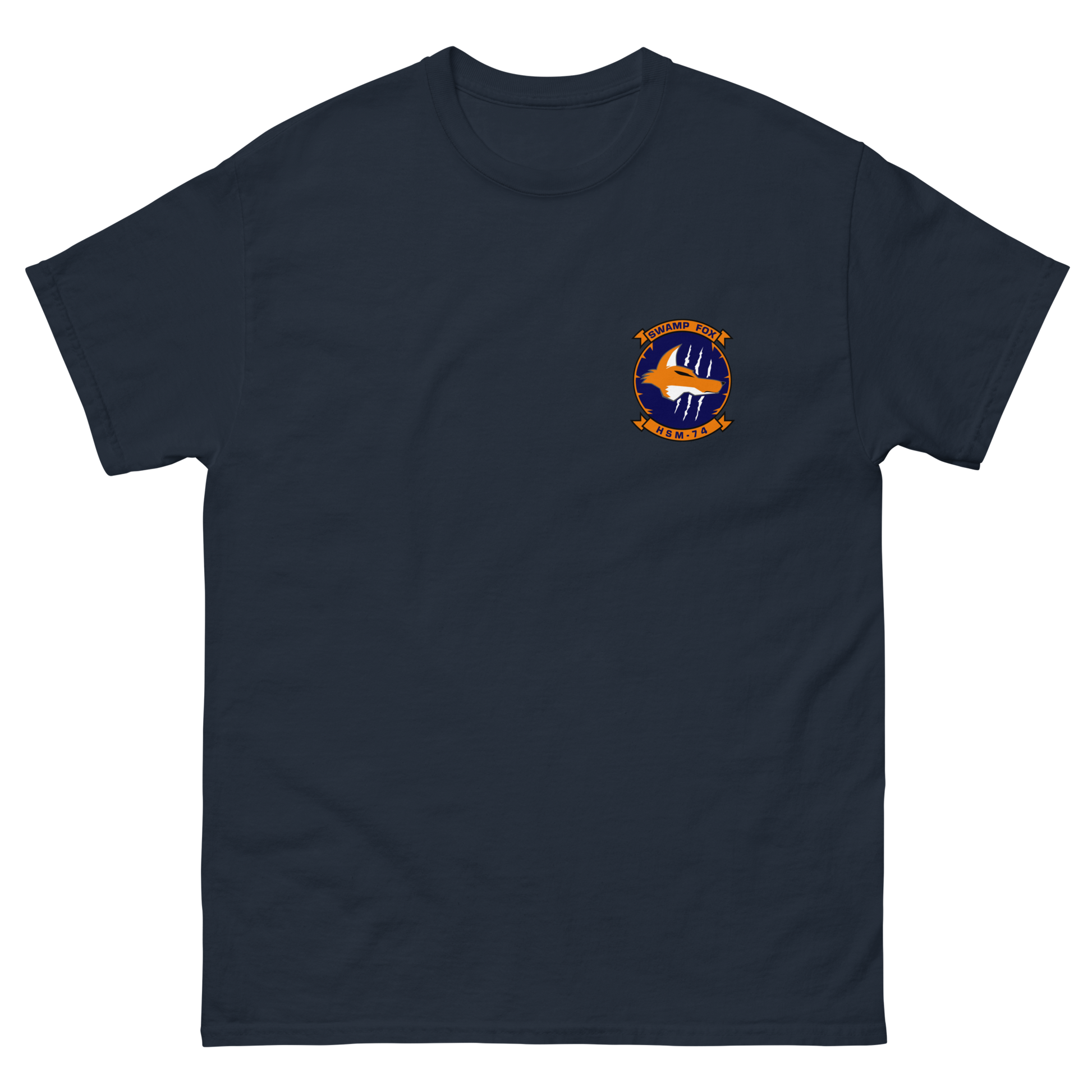 HSM-74 Swamp Foxes Squadron Crest Shirt – front view, navy